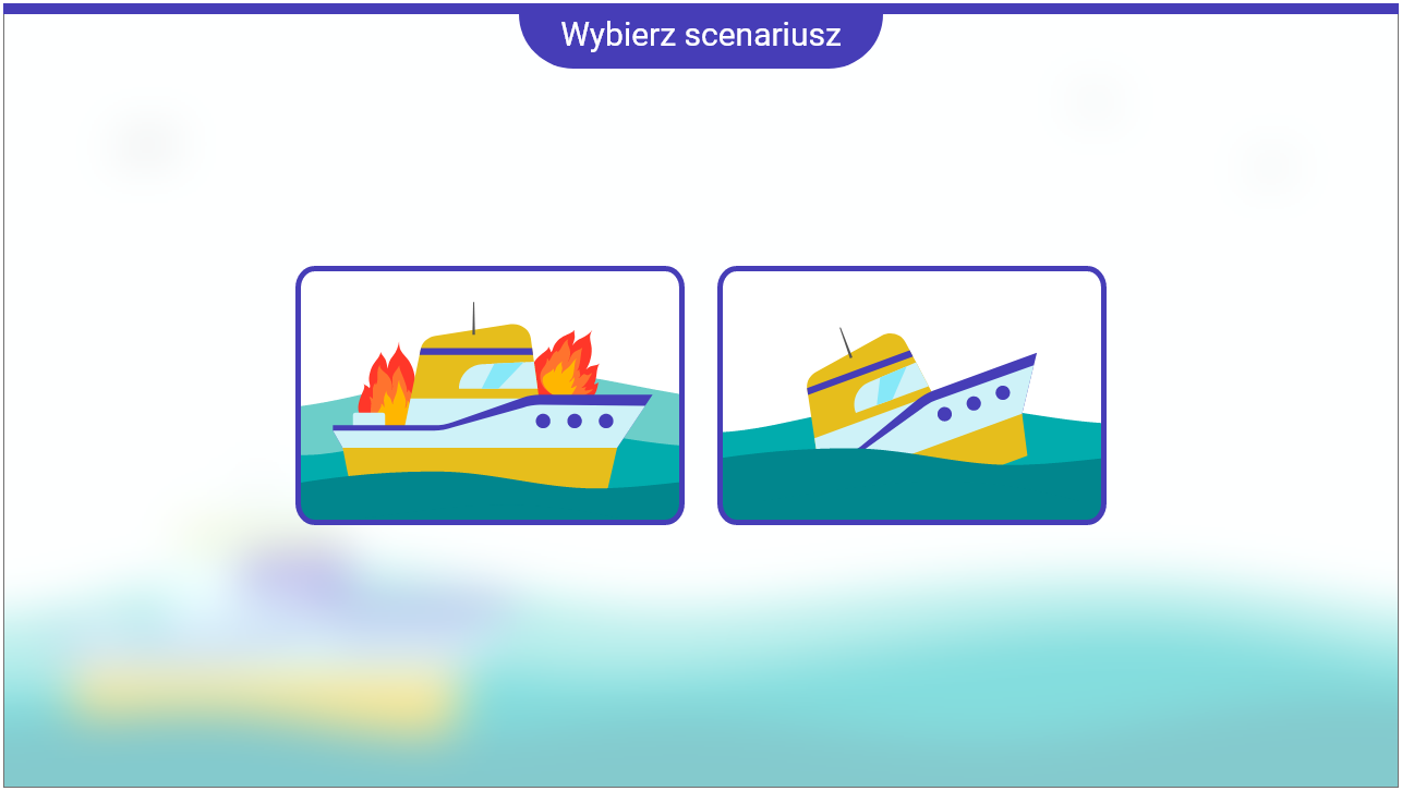 Grafika przedstawia ekran wyboru scenariusza w grze wcielanie się w role. U góry ekranu widnieje polecenie „wybierz scenariusz”. Poniżej widać dwa prostokąty z obrazkami statków. Na statku po lewej widoczne są płomienie, a statek po prawej tonie. Scenariusz wybiera się poprzez kliknięcie na jeden z dwóch prostokątów.