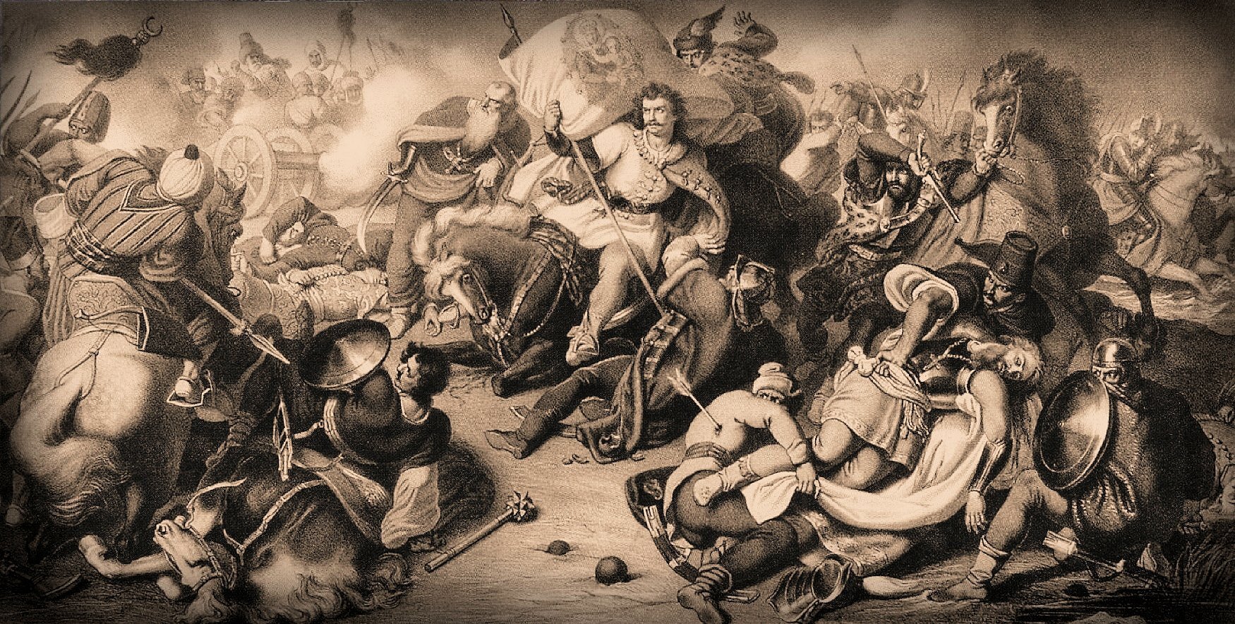 Kliknij, aby powiększyć Czarno‑biały obraz przedstawia scenę walk. Mężczyźni ubrani są w luźne szaty, a część z nich ma na sobie białe turbany. Żołnierze są wykrzywieni w różnych pozycjach: stoją, leżą, kucają, a niektórzy siedzą na koniach.