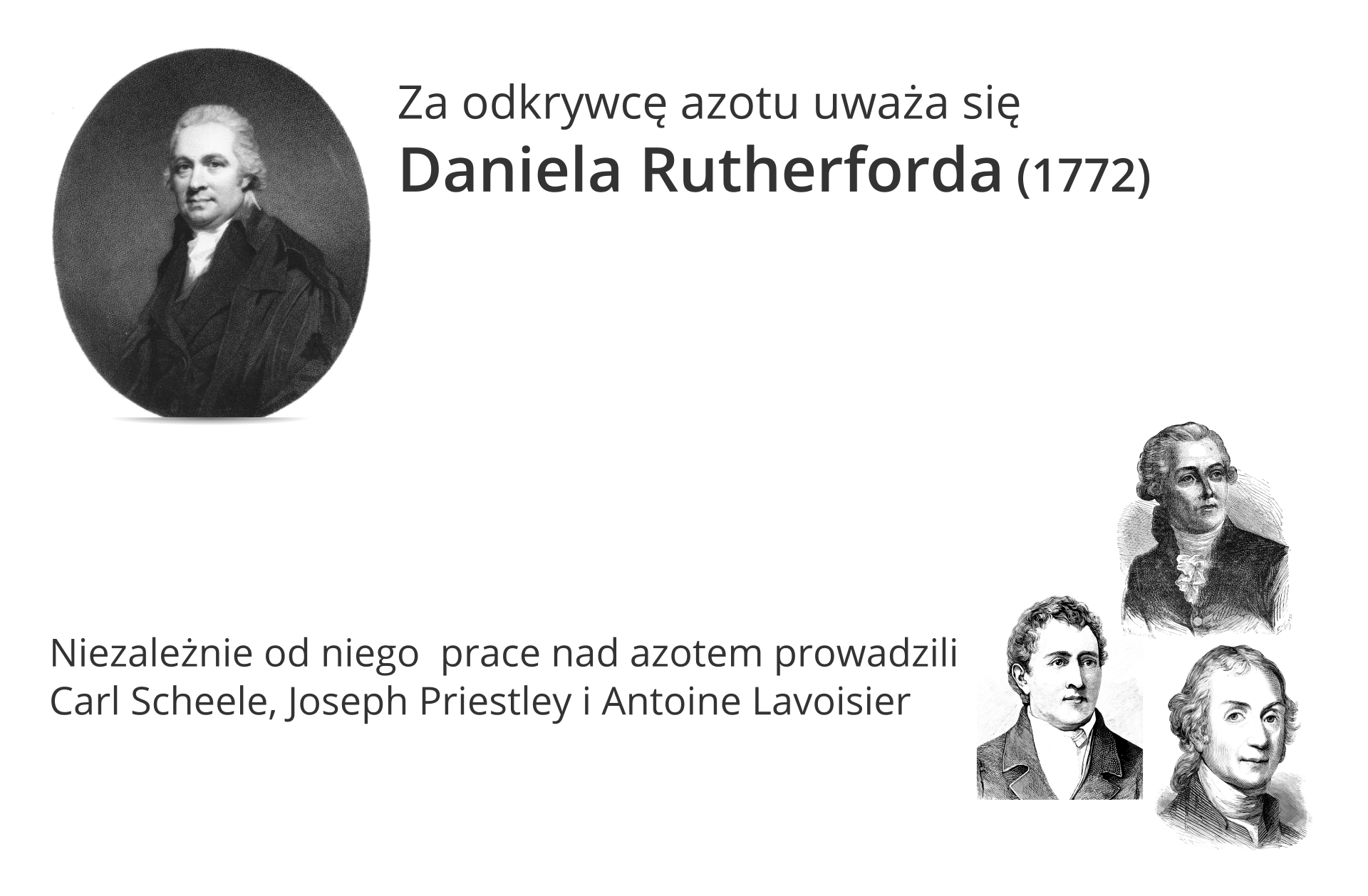 Ilustracja w lewym górnym narożniku zawiera czarnobiały portret Daniela Rutherforda, którego, jak głosi napis po prawej stronie, uznano ostatecznie za odkrywcę azotu. Dokonał on tego w 1772 roku. Poniżej po prawej stronie znajdują się kolejne czarnobiałe, nieco mniejsze portrety trzech mężczyzn. Napis po lewej stronie tego kolażu głosi: Niezależnie prace nad azotem prowadzili Carl Scheele, Joseph Priestley i Antoine Lavoisier.