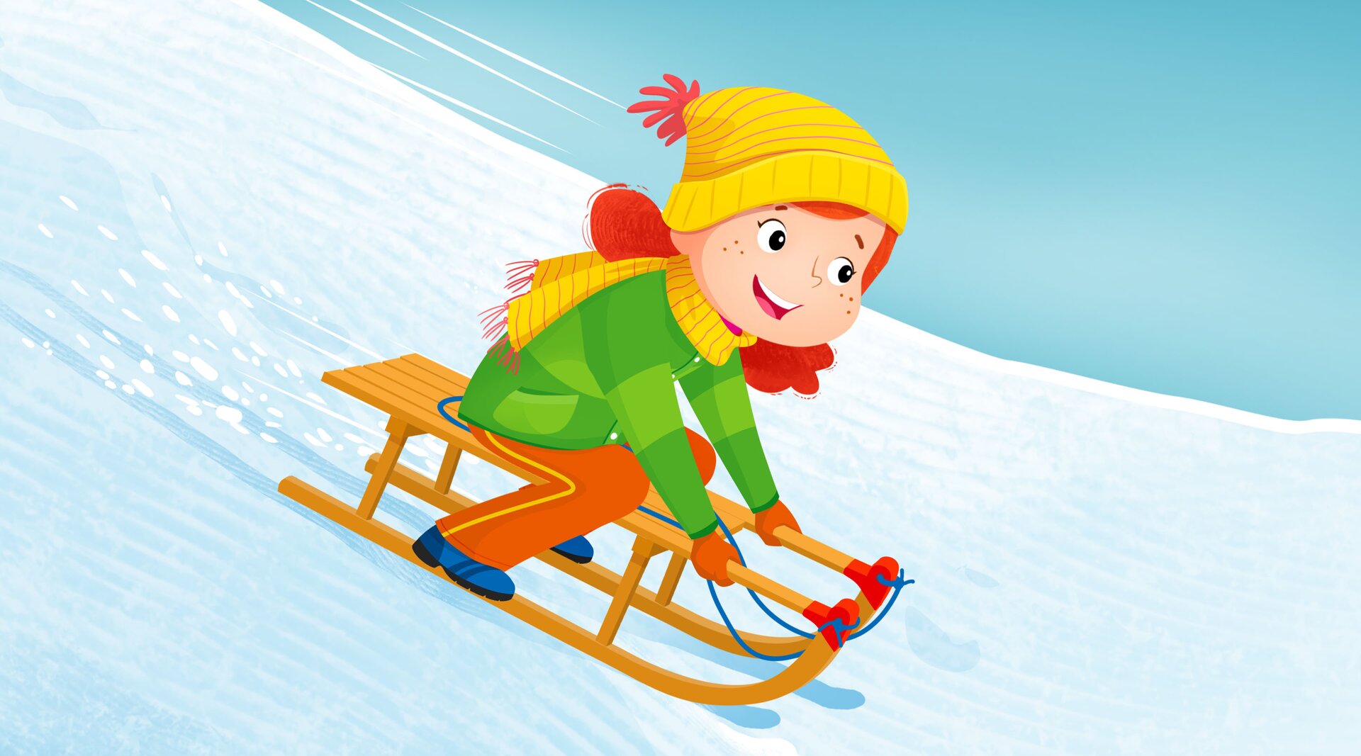 Na ilustracji znajduje się dziewczynka, która zjeżdża z górki na sankach.