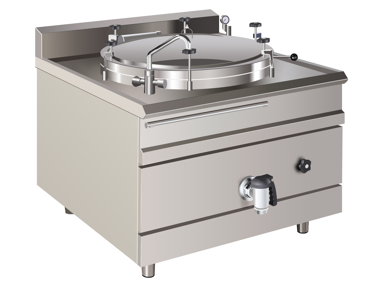  Ilustracja przedstawia wykonany ze stali kocioł warzelny. Urządzenie obudowane jest prostopadłościenną stalową podstawą na nóżkach. W dolnej części znajduje się urządzenie grzewcze. W środkowej części znajduje zawór spustowy. Na górze znajduje się wykonana ze stali, zamontowana na zawiasie pokrywka z uchwytem. Powyżej, po prawej stronie, znajduje się manometr ciśnieniowy.