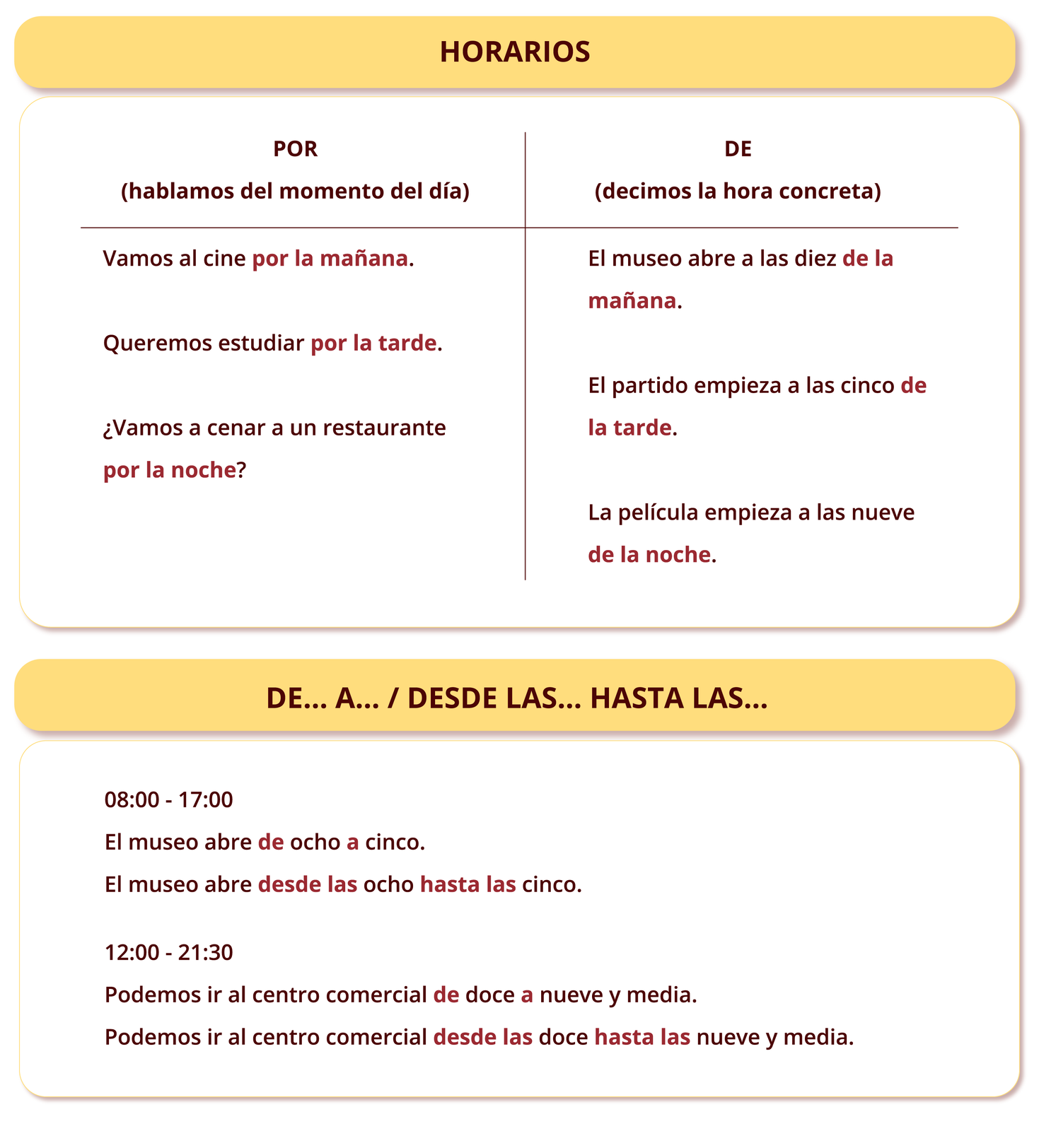 Grafika zawiera dwie tabelki z zagadnieniami gramatyczno‑leksykalnymi. Tytuł pierwszej tabelki HORARIOS . Poniżej znajdują się dwie kolumny.Nagłówek pierwszej kolumny :POR (hablamos del momento del día). Poniżej wyrażania:Vamos al cine por la mañana. Queremos estudiar por la tarde. ¿Vamos a cenar a un restaurante por la noche?Nagłówek drugiej kolumny :DE (decimos la hora concreta). Poniżej wyrażania:El museo abre a las diez de la mañana. El partido empieza a las cinco de la tarde. La película empieza a las nueve de la noche.Tytuł drugiej tabelki DE… A… / DESDE LAS… HASTA LAS…. Poniżej znajdują się informacje:08:00‑17:00El museo abre de ocho a cinco.El museo abre desde las ocho hasta las cinco.12:00‑21:30Podemos ir al centro comercial de doce a nueve y media.Podemos ir al centro comercial desde las doce hasta las nueve y media.