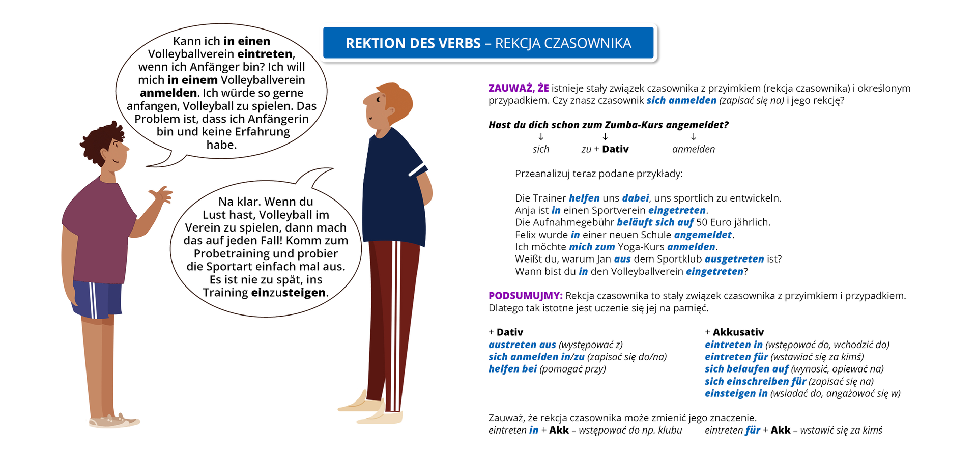 Ilustracja zawiera poradę językową.
Ilustracja przedstawia rozmowę ucznia z trenerem. Obok widoczny jest dymek zawierający napis: Rektion des Verbs – rekcja czasownika.
Pozostałą część grafiki stanowi tekst, którego treść wyświetla się w trybie dostępności. 