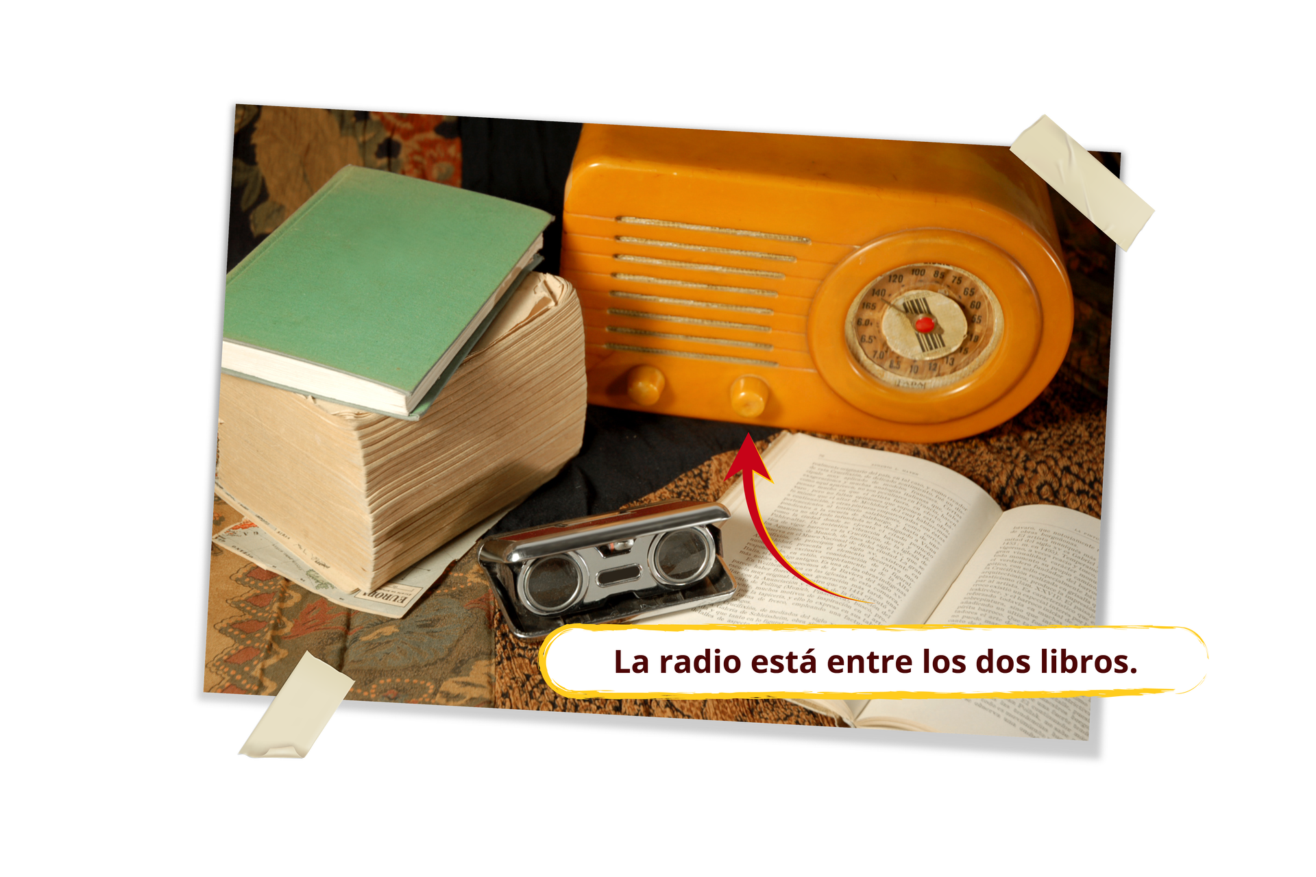 Na zdjęciu widoczny jest radio. Obok niego leżą książki. Podpis La radio está entre los dos libros.