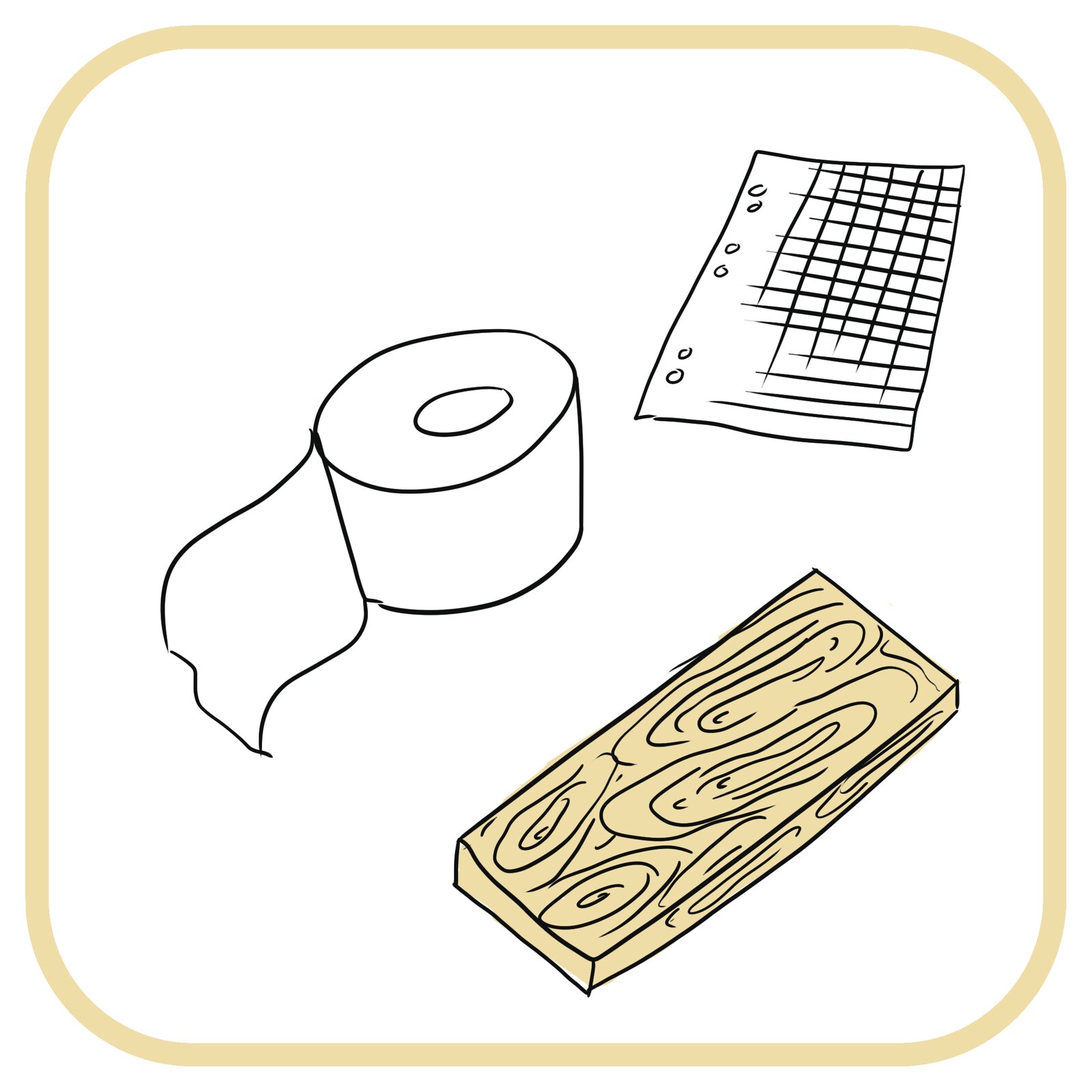 Od lewej: rolka papieru toaletowego, kartka papieru, deska.