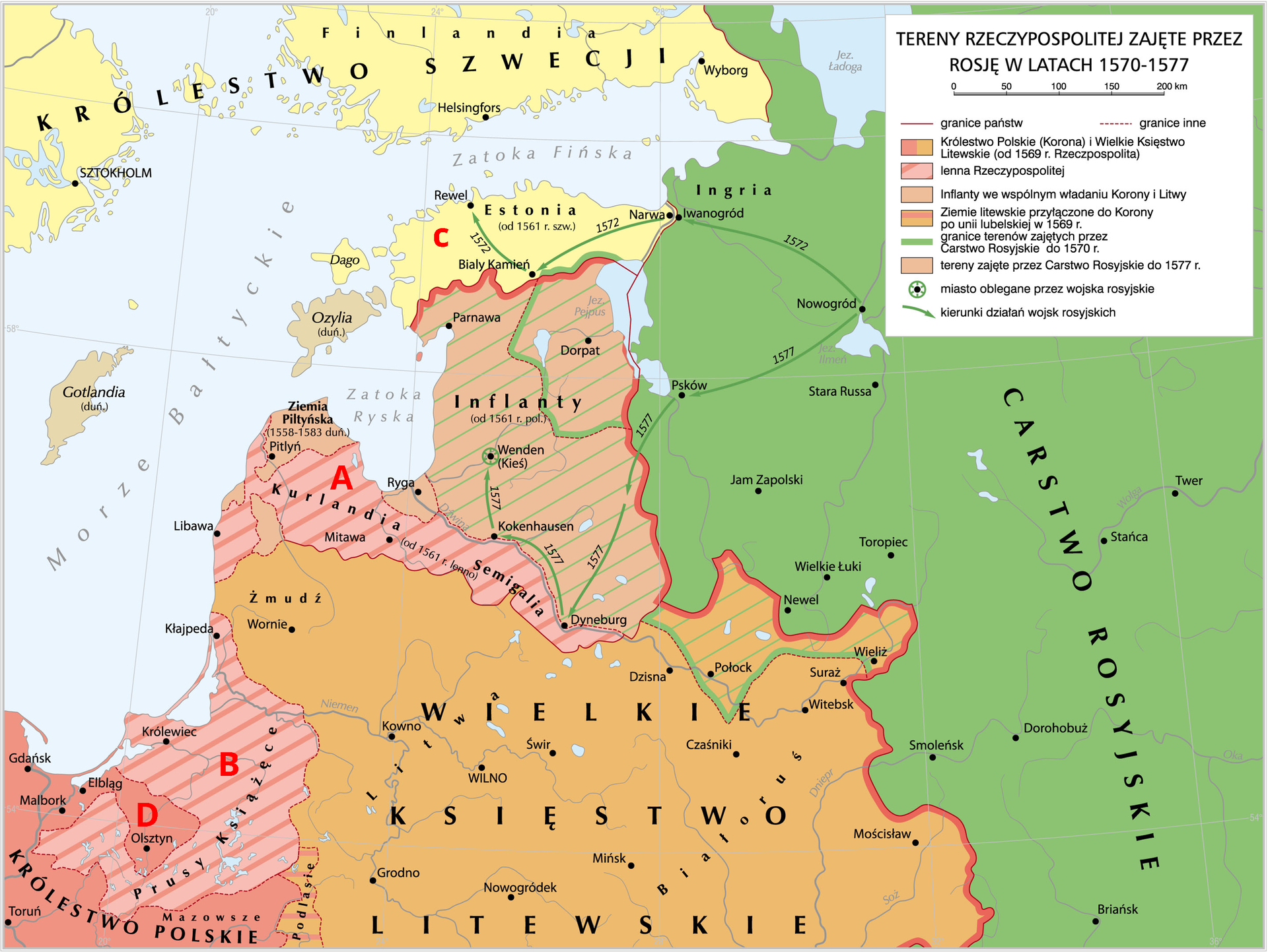 Mapa prezentująca tereny Rzeczpospolitej zajęte przez Rosję w latach 1570-1577. Oznaczone są na niej tereny: A - Kurlandia, B - Prusy Książęce, C - Estonia, D. Warmia.