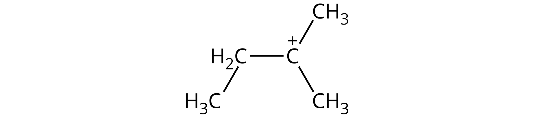 Na ilustracji jest karbokation 2‑metylo‑2-butylowy o strukturze węgiel C obdarzony cząstkowym ładunkiem dodatnim związany z dwiema grupami CH3 oraz grupą CH2CH3.