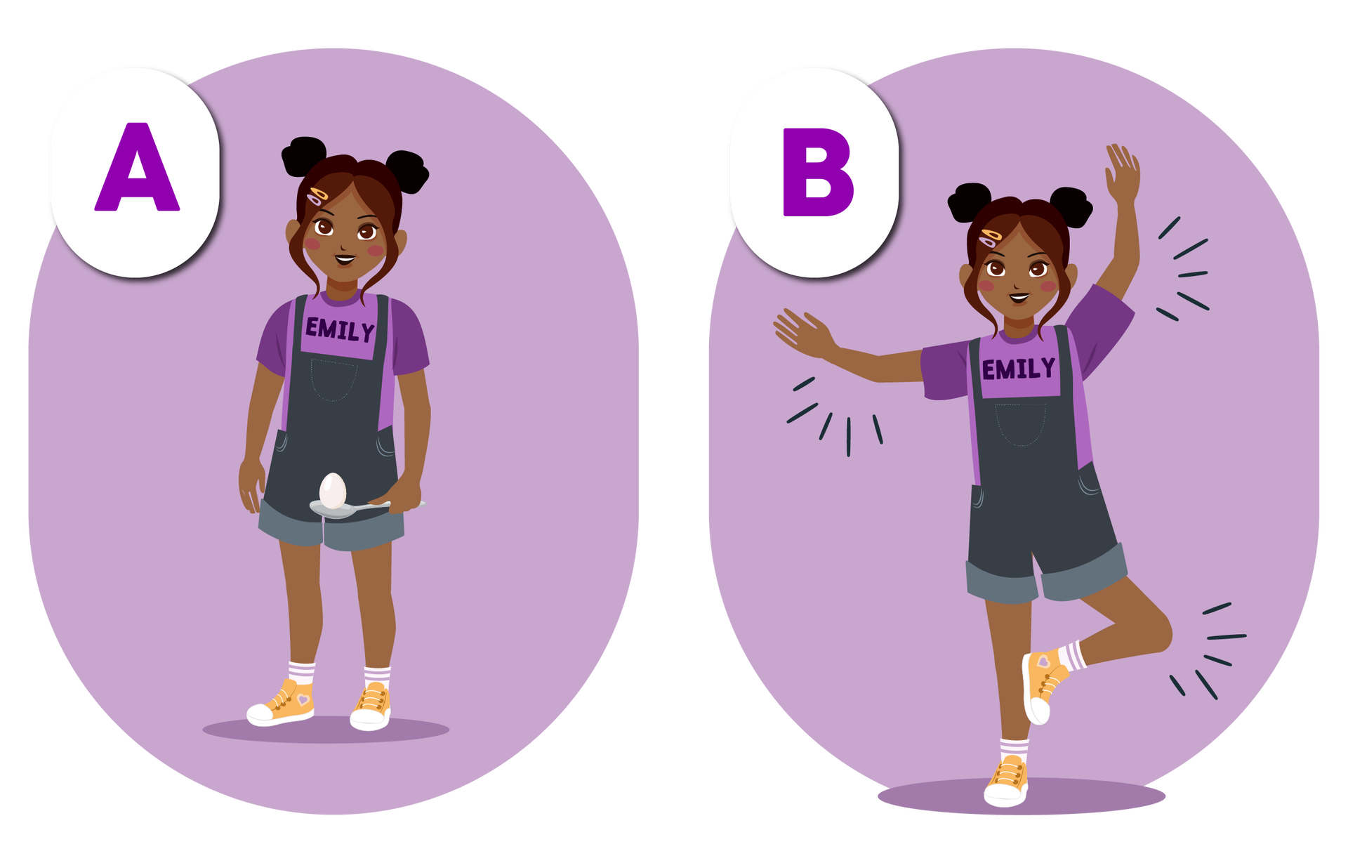 Ilustracja przedstawia dwie grafiki. Na grafice a dziewczynka o imieniu  Emily , trzy łyżkę, na której leży jajko. Na grafice be ta sama dziewczynka tańczy.