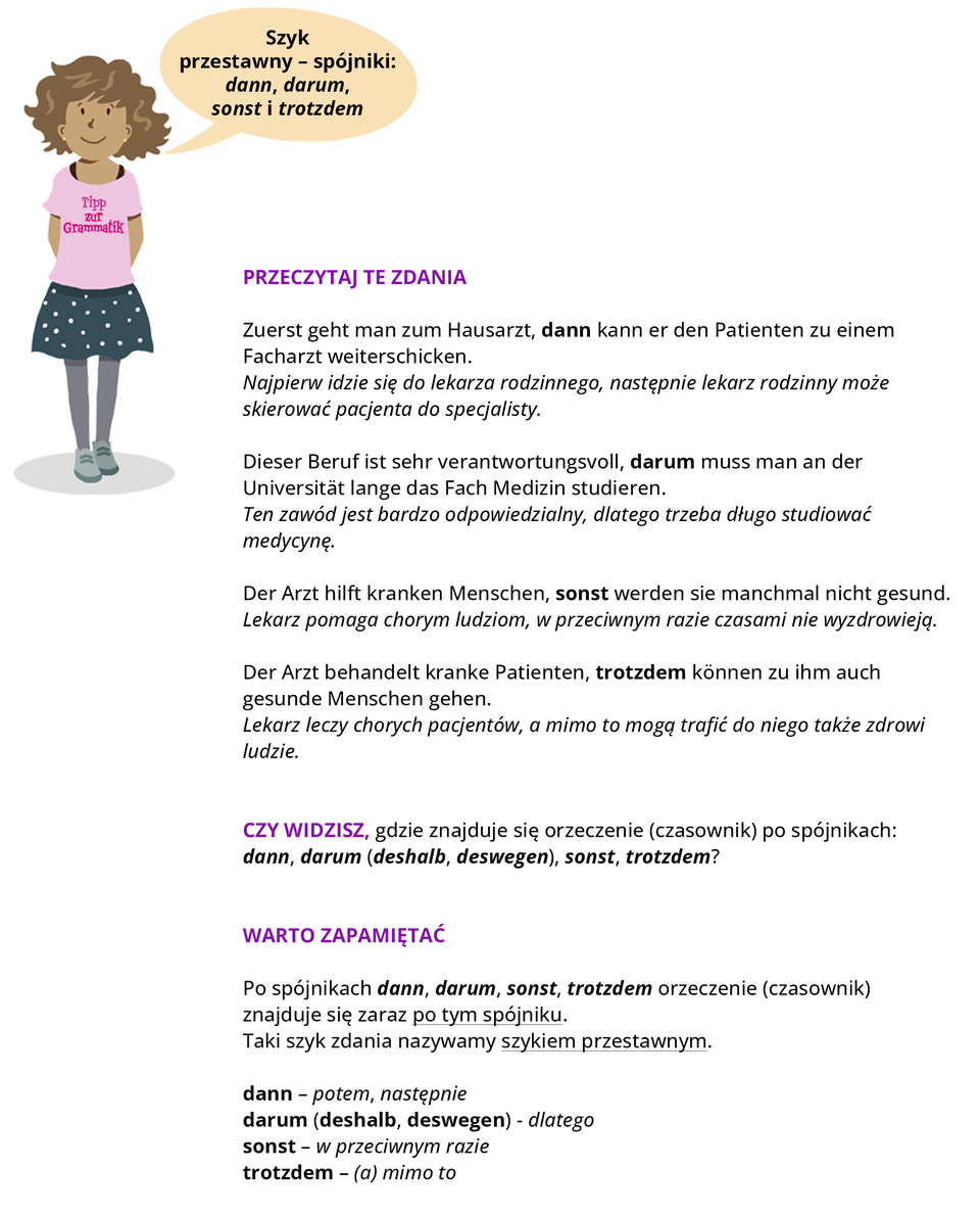 Ilustracja zawiera poradę językową.
Grafika przedstawia dziewczynkę ubraną w różową bluzkę z napisem Tipp zur Grammatik oraz w szarą spódniczkę w grochy. Dziewczynka mówi: Szyk przestawny – spójniki: dann, darum, sonst i trotzdem.
Pozostałą część ilustracji stanowi tekst, którego treść wyświetla się w trybie dostępności.