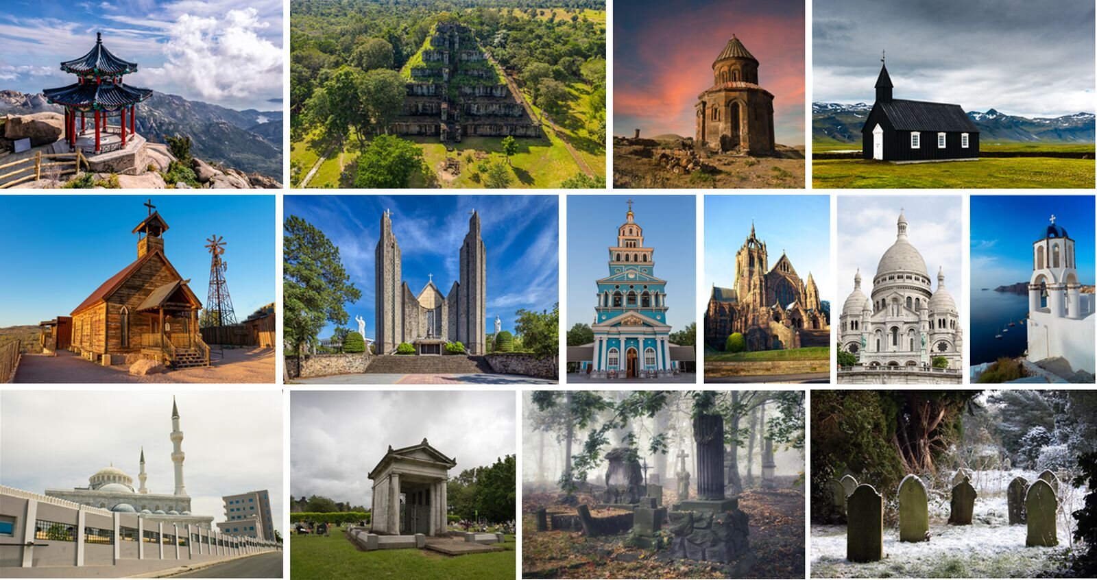 Ilustracja przedstawia 14 mniejszych zdjęć z przykładami architektury sakralnej z różnych zakątków świata i różnych wyznań; świątynie, klasztory, kaplice i cmentarz.