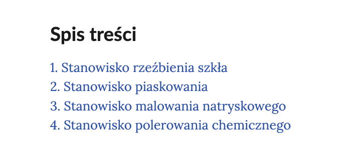 Grafika przedstawia spis treści z czterema punktami: 1. Stanowisko rzeźbienia szkła, 2. Stanowisko piaskowania, 3. Stanowisko malowania natryskowego, 4. Stanowisko polerowania chemicznego. 