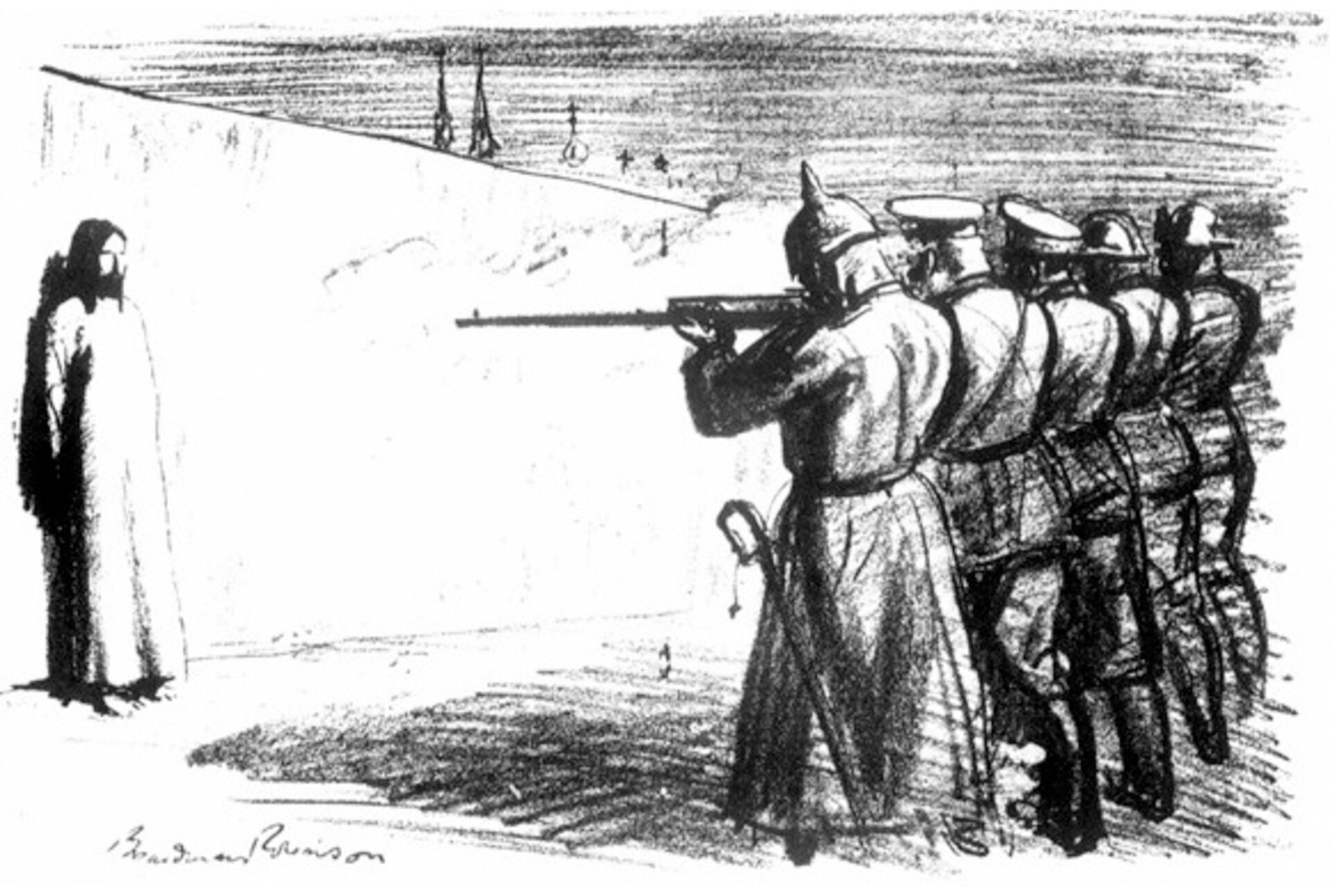 Ilustracja czarnobiała przedstawiająca pluton egzekucyjny, który ma rozstrzelać mężczyznę. Mężczyzna stoi z rękoma założonym do tyłu pod ścianą. Żołnierze celują do niego z karabinów.