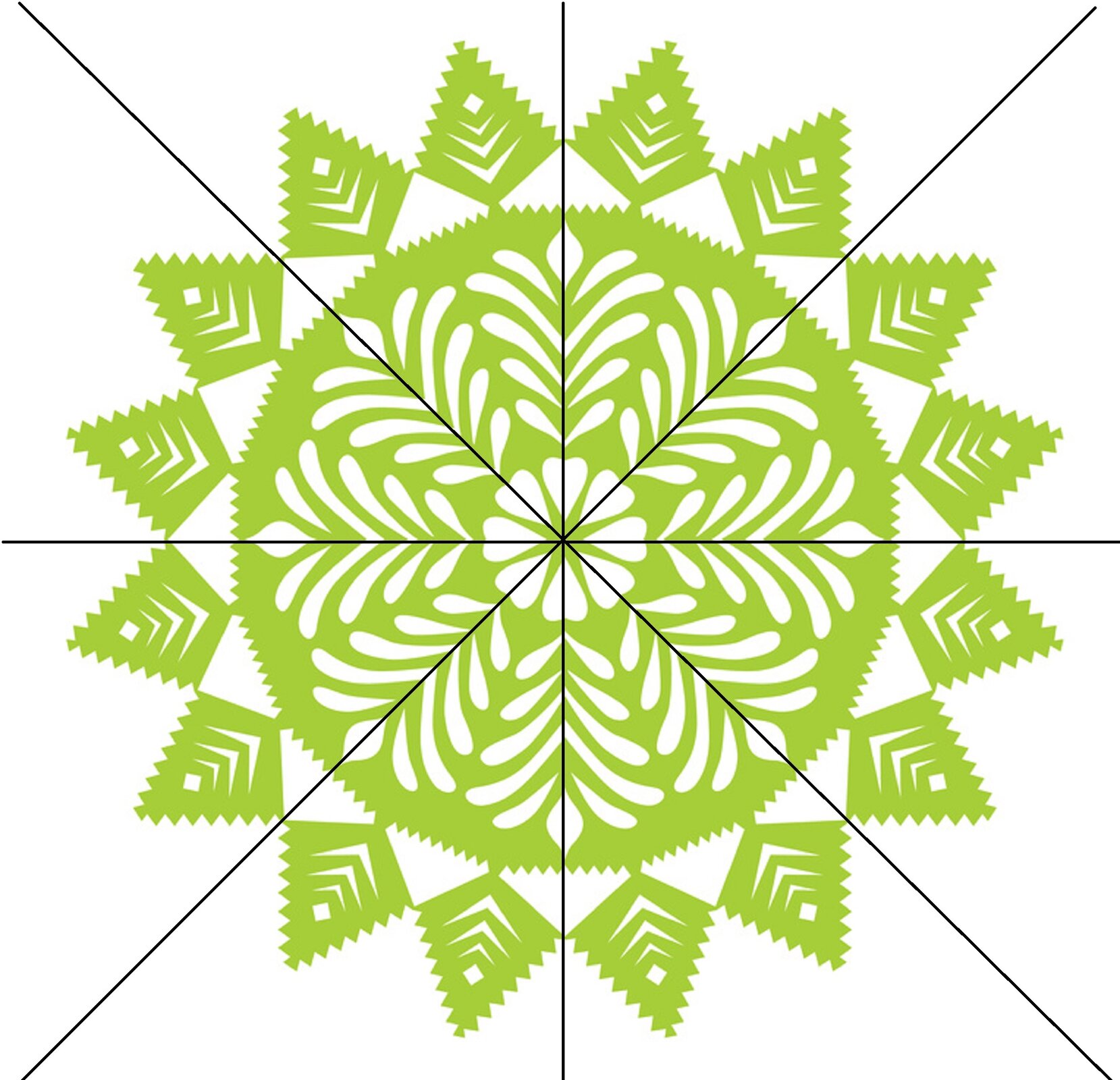 Ilustracja przedstawia wzór w kolorze jasnozielonym w kształcie koła. Jest on wycinanką o symetrii wieloosiowej i przypomina kwiat otoczony liśćmi. Dodatkowo na ilustracji zamieszczono cztery przecinające się w środku linie, będące osiami symetrii.