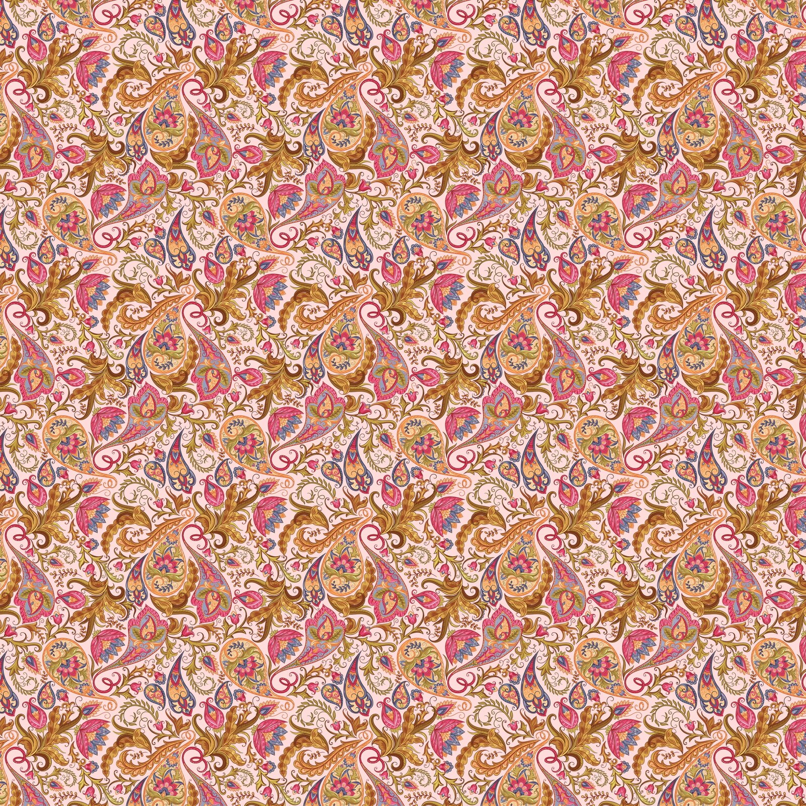 Grafika przedstawia fragment tkaniny z gęstym wzorem. Wzór układa się w abstrakcyjne kształty przypominające liście. Jest w kolorze różowym z elementami niebieskimi i złoto‑brązowymi. 
