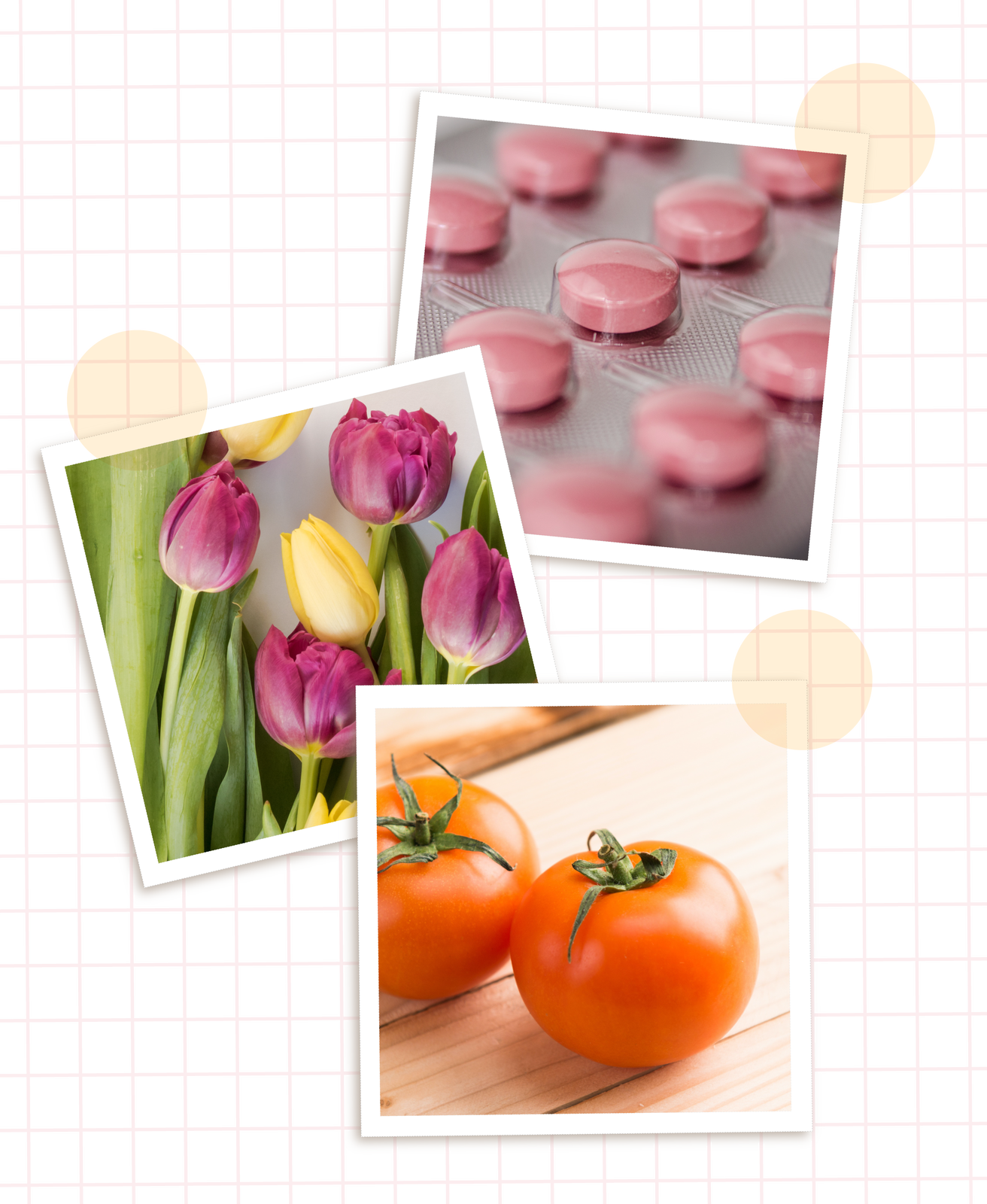 Ilustracja przedstawia tabletki, kwiaty oraz pomidory.