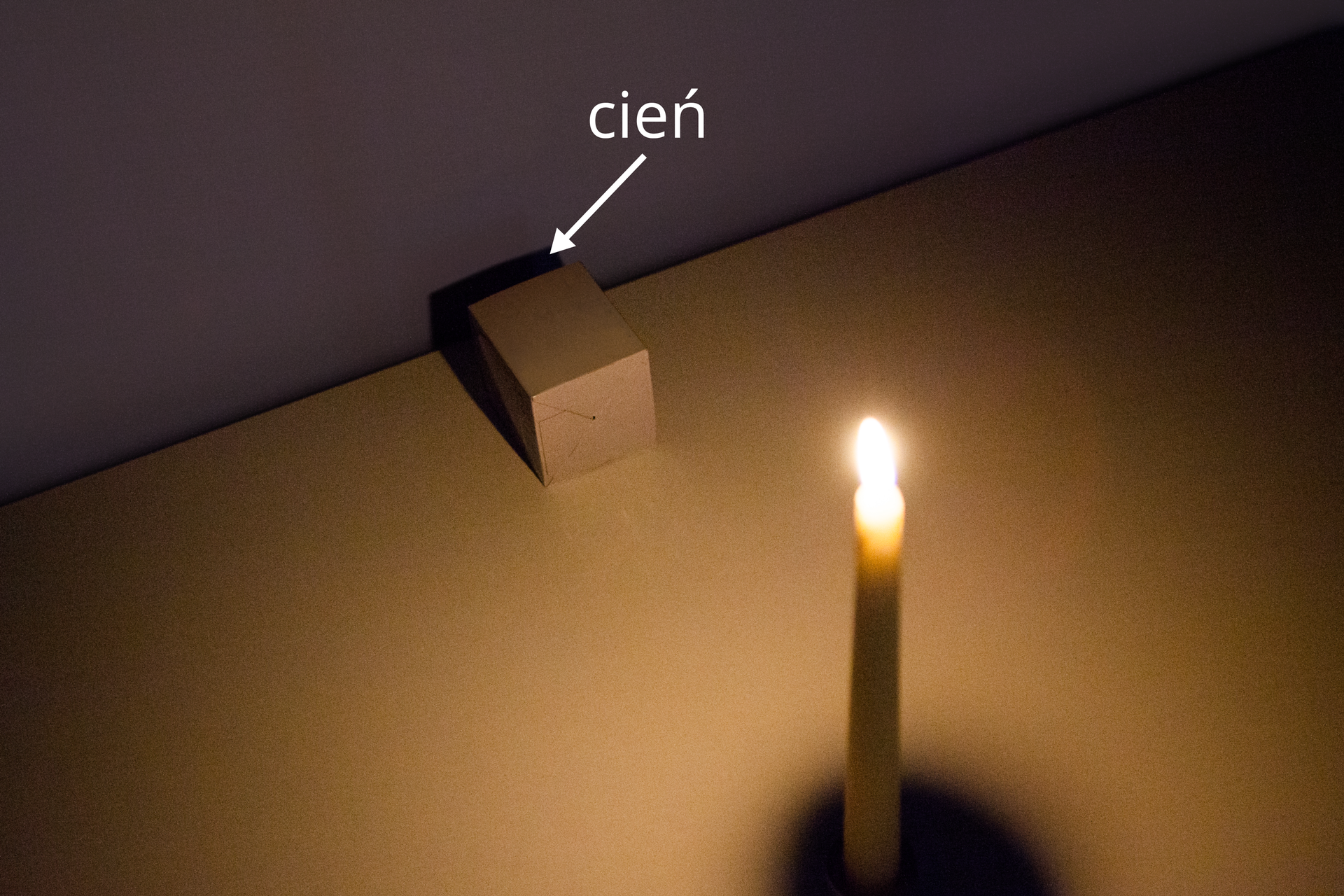 Dwie fotografie: na pierwszej przedmiot oświetlony przez pojedynczą świeczkę.