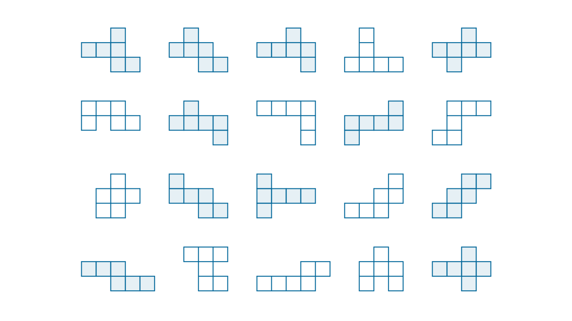 Rysunek przedstawia różne siatki sześcianów oraz siatki niebędące siatkami sześcianów.