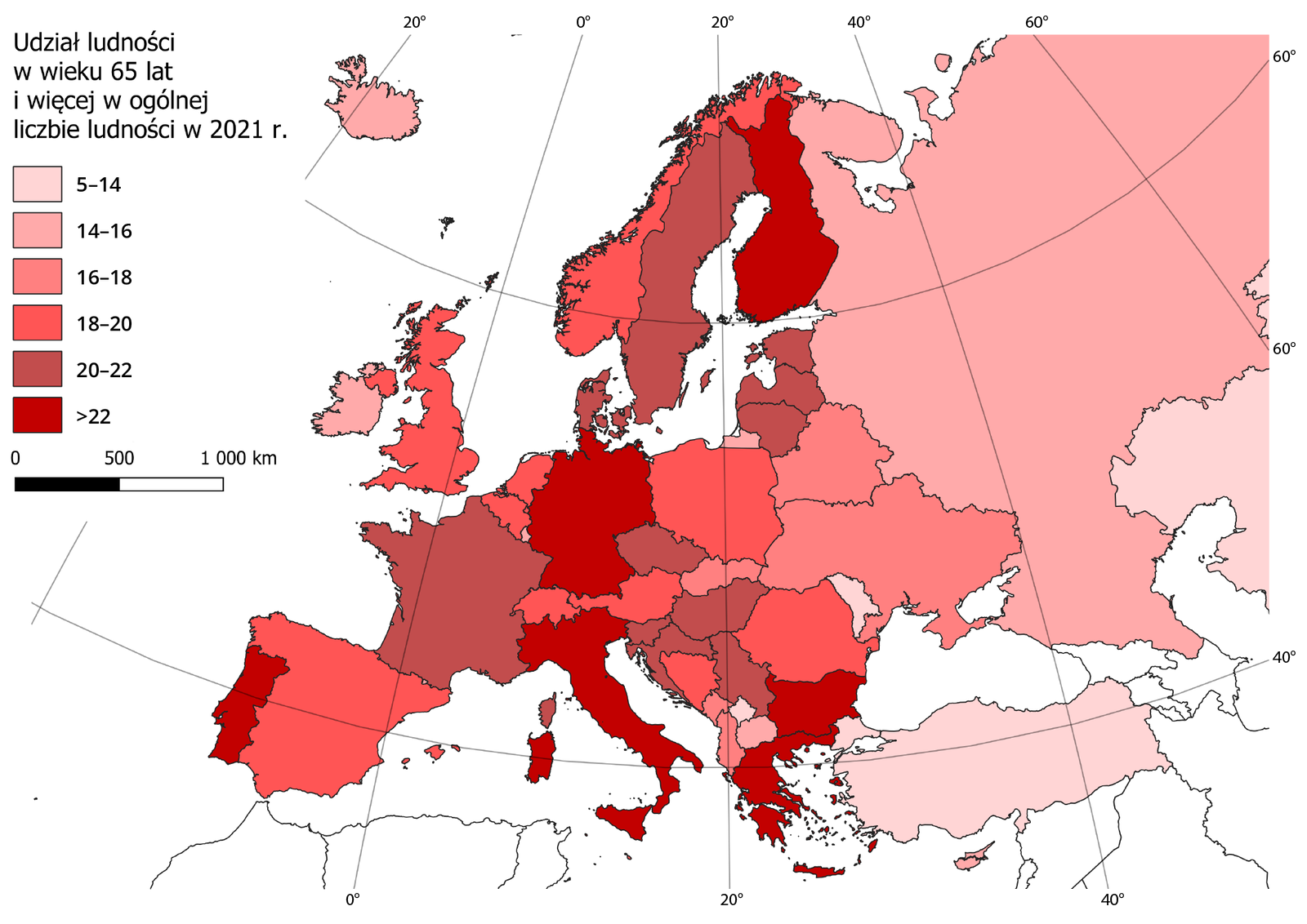 Na mapie świata zaznaczono udział ludności w wieku powyżej 65 lat w ogólnej liczbie ludności w 2021 roku. Udział oznaczono 6 odcieniami czerwonego. Państwa, które charakteryzuje współczynnik od 5 do 14%, to: Turcja, Kosowo, Mołdawia i Kazachstan. Państwa, które charakteryzuje współczynnik od 14 do 16%, to: Rosja, Islandia, Macedonia Północna, Cypr i Irlandia. Państwa, które charakteryzuje współczynnik od 16 do 18%, to: Ukraina, Białoruś, Słowacja, Albania i Czarnogóra. Państwa, które charakteryzuje współczynnik od 18 do 20%, to: Polska, Austria, Szwajcaria, Bośnia i Hercegowina, Rumunia, Hiszpania, Wielka Brytania, Belgia, Holandia i Norwegia. Państwa, które charakteryzuje współczynnik od 20 do 22%, to: Francja, Czechy, Szwecja, Estonia, Łotwa, Litwa, Węgry, Słowenia, Chorwacja i Serbia. Państwa, które charakteryzuje współczynnik powyżej 22%, to: Portugalia, Włochy, Niemcy, Finlandia, Bułgaria, i Grecja. Kolorem białym oznaczono państwa spoza Europy. Na mapie znajduje się legenda z oznaczeniami kolorów. Zastosowano podziałkę liniową od 0 do 1000 km co 500 km.