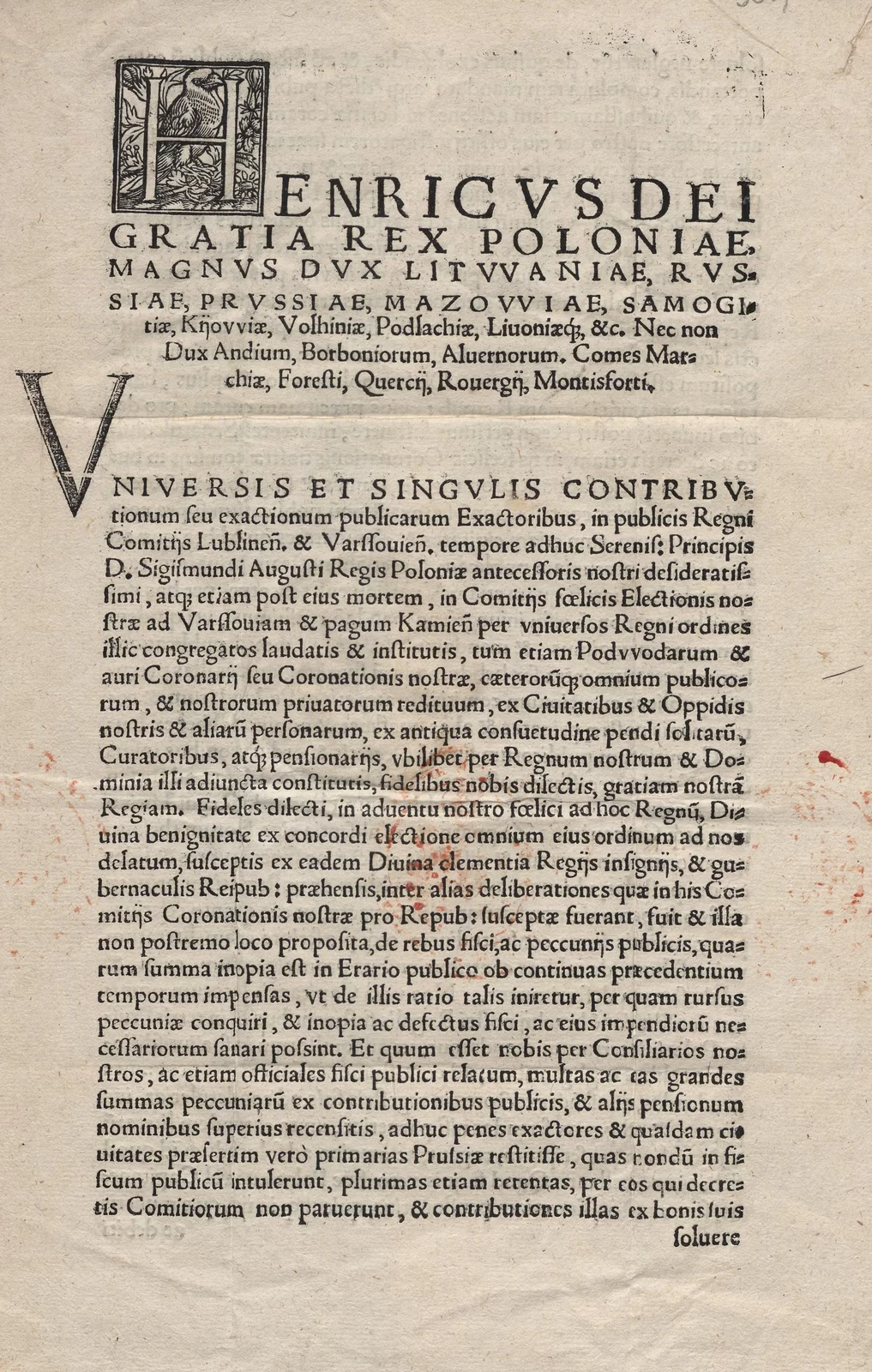 Zdjęcie przedstawia stronę tekstu zapisaną w języku łacińskim. Nagłówek brzmi: Henricus Dei Gratia Rex Poloniae. Magnus Dux Lituuaniae, Russiae, Prussiae, Mazovviae.