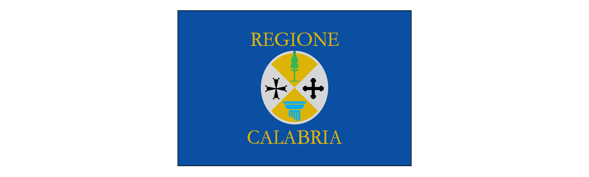 Grafika przedstawia flagę włoskiego regionu Calabria
. Na środku flagi znajduje się herb o kształcie zbliżonym do koła. Herb podzielony jest na cztery części. Każda część zawiera graficzny symbol. Nad herbem znajduje się napis "Regione", pod herbem znajduje się napis "Calabria".