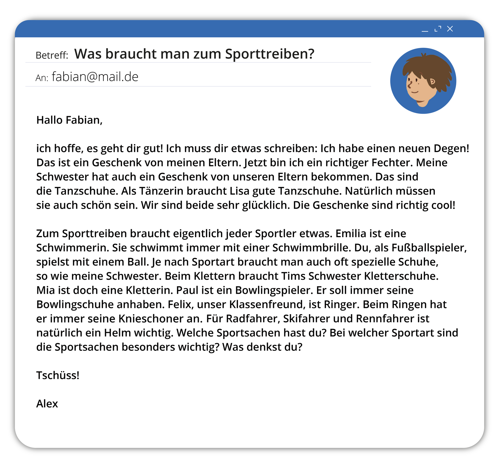 Ilustracja przedstawia zrzut ekranu e-maila z wiadomością  pod tytułem   „Was braucht man zum Sporttreiben?" Tekst dostępny w transkrypcji poniżej.