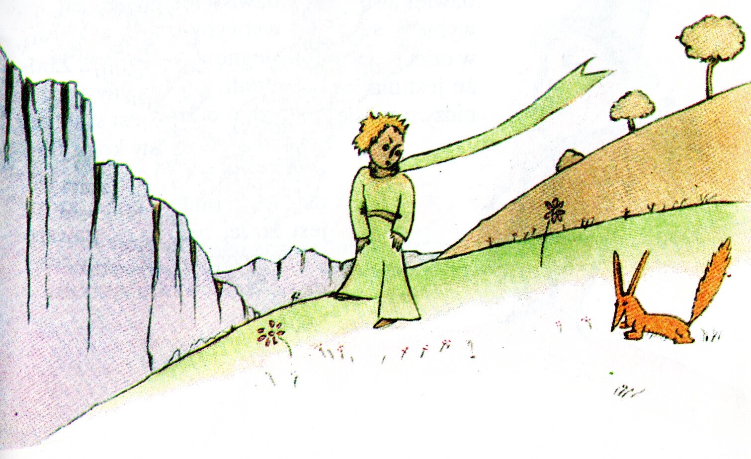 Ilustracja przedstawia chłopca w zielonym kombinezonie z szalikiem na szyi stojącego na łące. Ma żółte włosy i patrzy na lisa, który znajduje się po prawej stronie. W oddali po lewej stronie widoczne są skały, po prawej stronie wzgórze z drzewami. Niebo jest białe.