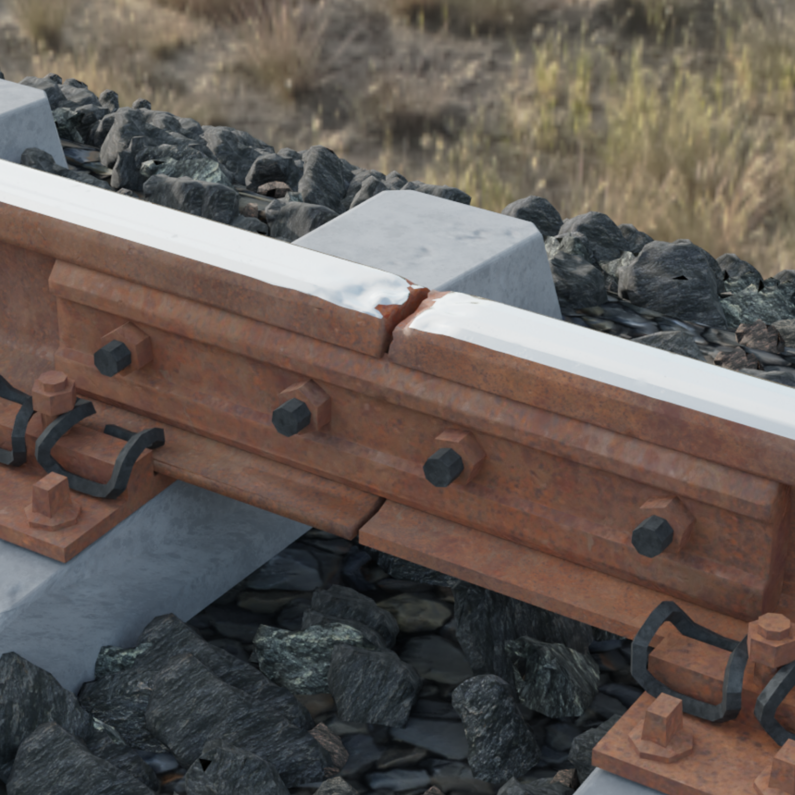 Ilustracja przedstawia dwie szyny kolejowe, które za pomocą złącza zostały połączone. Widać uszczerbki w końcówkach szyn tak zwane zbicie końców szyn.