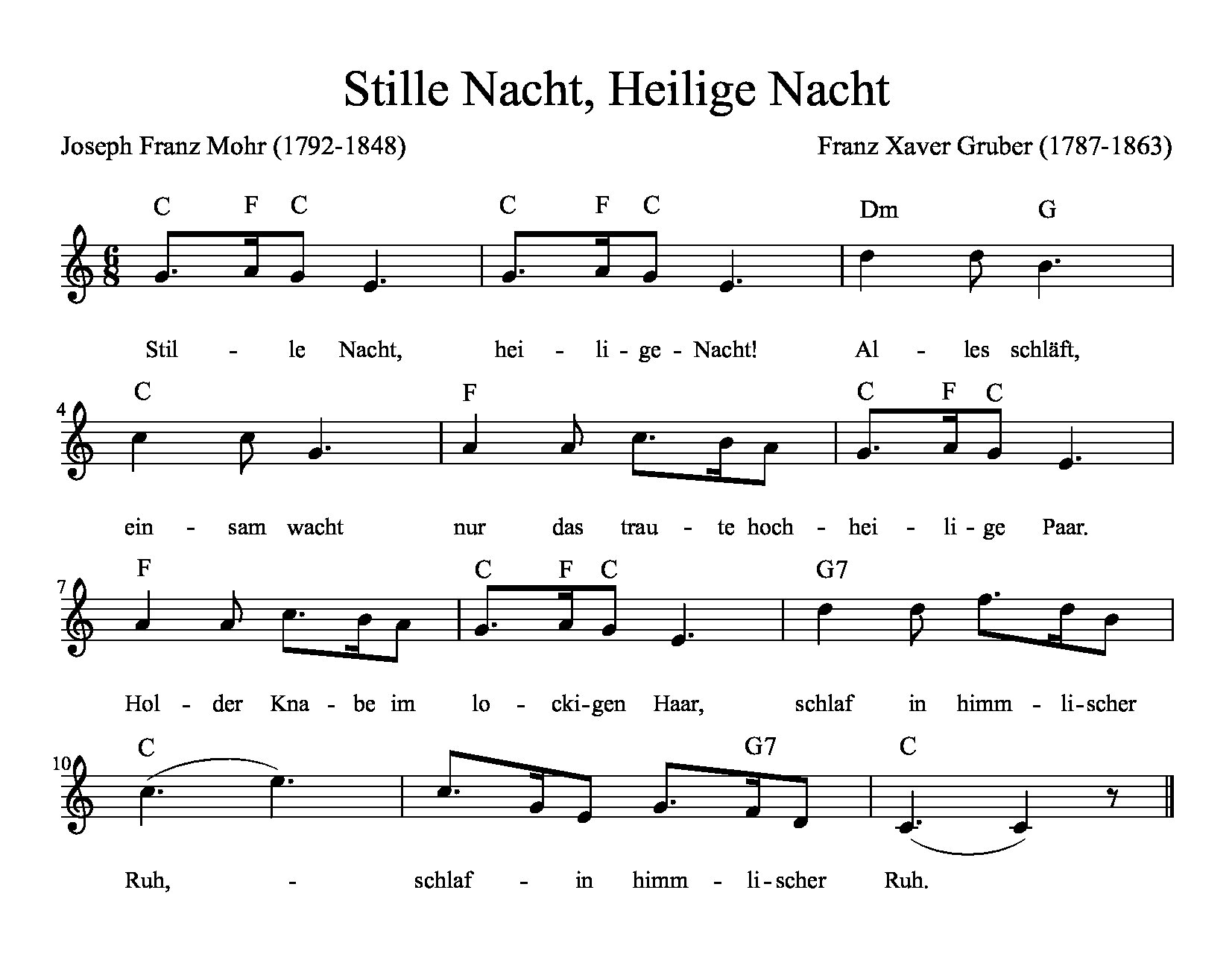 Ilustracja przedstawia zapis nutowy kolędy "Stille Nacht, Heilige Nacht".