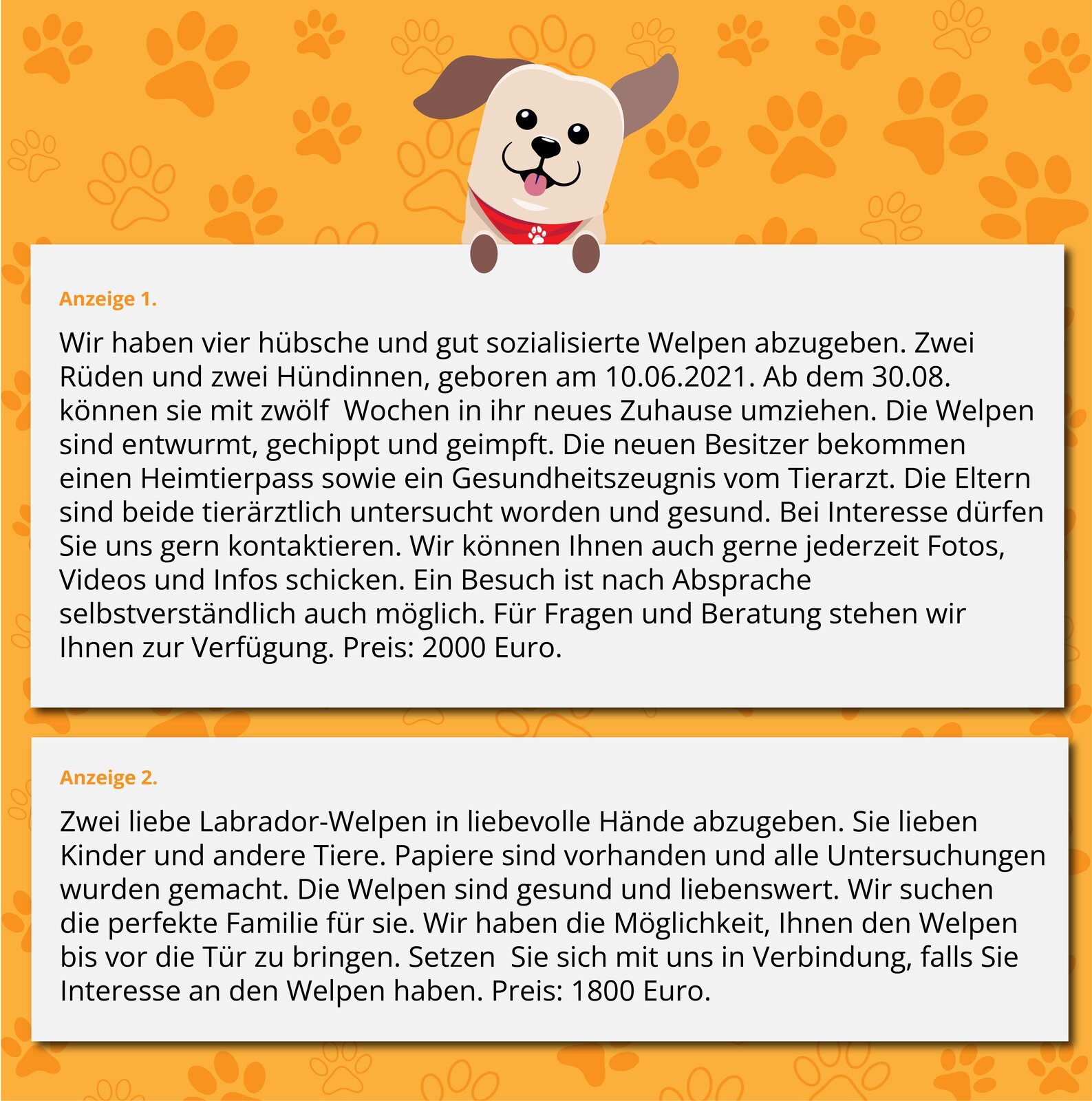 Ilustracja przedstawia dwa ogłoszenia. Treść pierwszego z nich to: Anzeige 1. 
Wir haben vier hübsche und gut sozialisierte Welpen abzugeben. Zwei Rüden und zwei Hündinnen, geboren am 10.06.2021. Ab dem 30.08. können sie mit zwölf Wochen in ihr neues Zuhause umziehen. Die Welpen sind entwurmt, gechippt und geimpft. Die neuen Besitzer bekommen einen Heimtierpass sowie ein Gesundheitszeugnis vom Tierarzt. Die Eltern sind beide tierärztlich untersucht worden und gesund. Bei Interesse dürfen Sie uns gern kontaktieren. Wir können Ihnen auch gerne jederzeit Fotos, Videos und Infos schicken. Ein Besuch ist nach Absprache selbstverständlich auch möglich. Für Fragen und Beratung stehen wir Ihnen zur Verfügung. Preis: 2000 Euro. 
Treść drugiego ogłoszenia to: Anzeige 2. 
Zwei liebe Labrador‑Welpen in liebevolle Hände abzugeben. Sie lieben Kinder und andere Tiere. Papiere sind vorhanden und alle Untersuchungen wurden gemacht. Die Welpen sind gesund und liebenswert. Wir suchen die perfekte Familie für sie. Wir haben die Möglichkeit, Ihnen den Welpen bis vor die Tür zu bringen. Setzen Sie sich mit uns in Verbindung, falls Sie Interesse an den Welpen haben. Preis: 1800 Euro.
