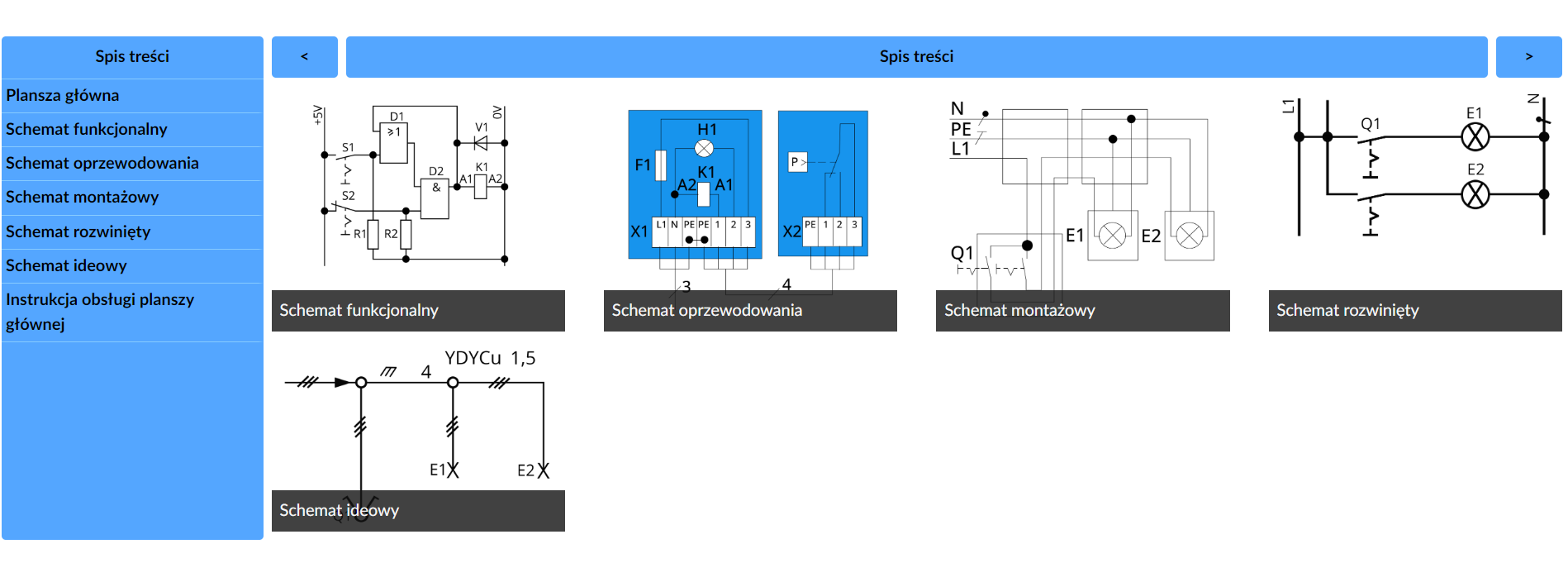 Plansza przedstawia widok startowy schematu interaktywnego. W centralnej części przestawione są w dwóch rzędach miniatury schematów. W pierwszym rzędzie ukazane są cztery schematy (drugi zaznaczony jest kolorem niebieskim), w drugim rzędzie znajduje się jeden schemat. Nad schematami widnieje napis spis treści ze strzałkami po bokach, wskazującymi dwa przeciwne kierunki. Po lewej stronie znajduje się niebieski panel ze spisem treści.