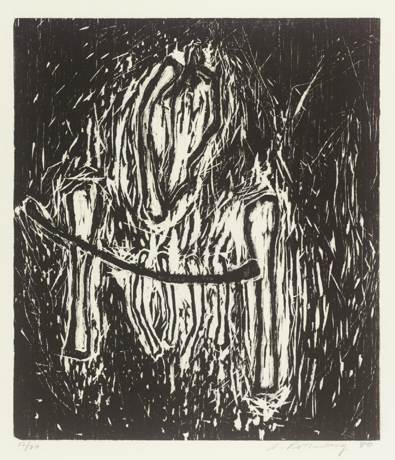 Praca autorstwa Susan Rothenberg pod tytułem „Głowa i kości” przedstawia abstrakcyjną wizję tych części ciała. W centrum grafiki znajduje się coś, co kształtem może przypominać palącą się zwierzęcą głowę oraz kości, które znajdują się pod głową.