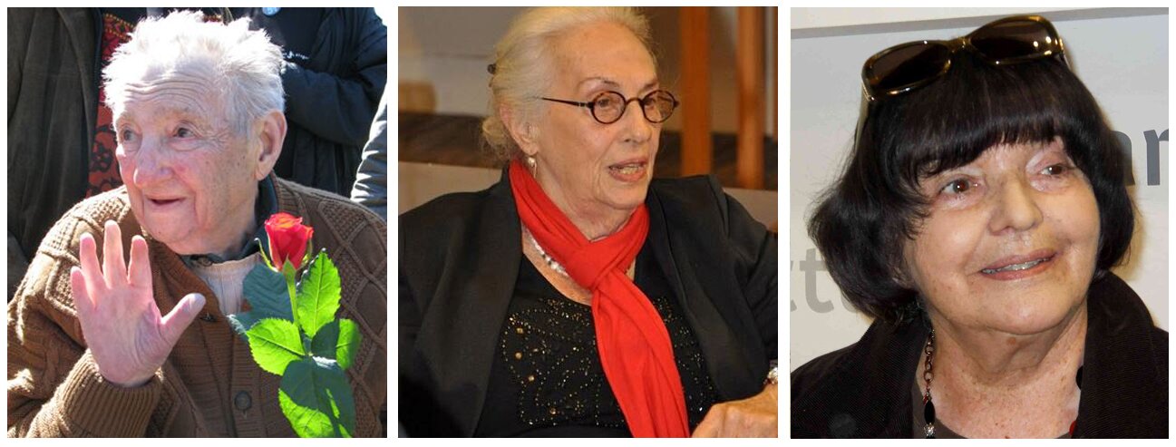 Ilustracja przedstawia trzy zdjęcia. Po lewej stronie widnieje zdjęcie Marka Edelmana. To starszy, siwowłosy mężczyzna. Na jego twarzy są liczne zmarszczki. Ubrany jest w brązowy sweter. Mężczyzna ma uniesioną prawą dłoń, w lewej dłoni trzyma czerwoną różę. Środkowe zdjęcie przedstawia Irit Amiel. To starsza, siwowłosa kobieta. Ma upięte, dłuższe włosy, nosi okulary. Ubrana jest w ciemny strój z czerwonym szalikiem na szyi. Zdjęcie po prawej stronie przedstawia Hannę Krall. To starsza, ciemnowłosa kobieta. Na jej twarzy są zmarszczki. Kobieta uśmiecha się. Ma zatknięte na głowie okulary.