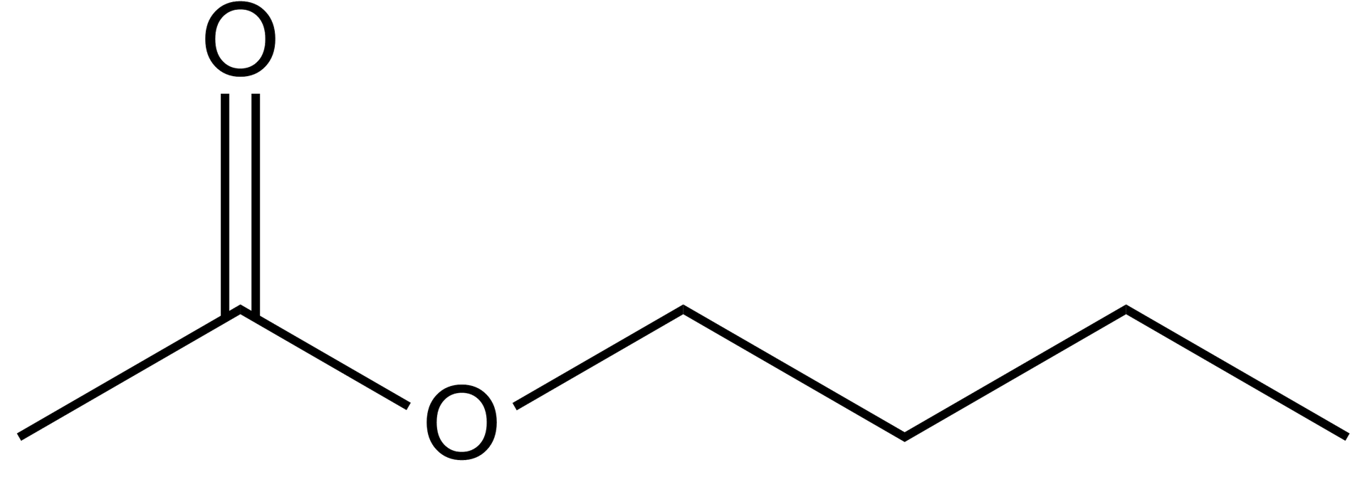 Na ilustracji wzór strukturalny octanu butylu. To łańcuch tworzący zygzak. CH3COOCH2CH2CH2CH3.