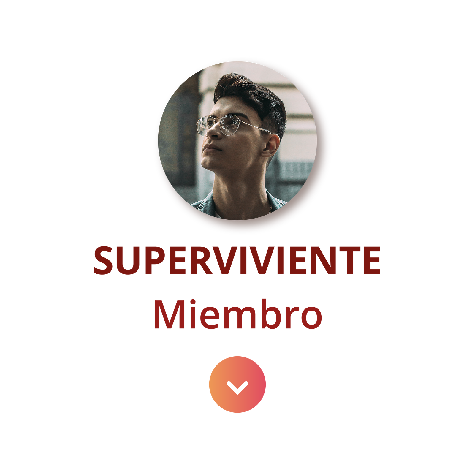 Na zdjęciu widoczny jest mężczyzna, podpisany jako SUPERVIVIENTE. Ma ciemne włosy i okulary korekcyjne.