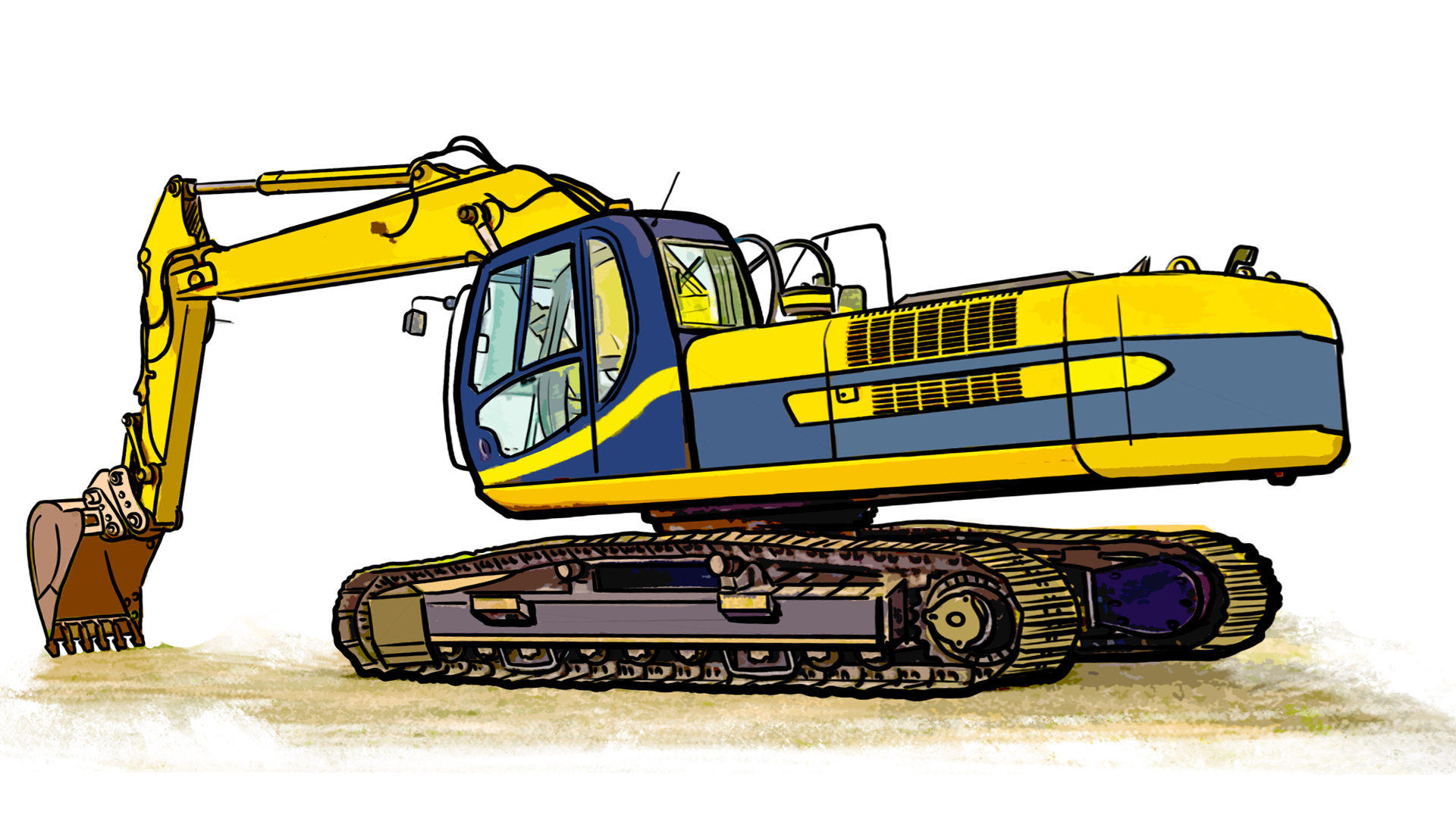 Ilustracja przedstawia koparkę podsiębierną na podwoziu gąsienicowym. Na ekranie widoczna jest żółta koparka, na dwóch masywnych gąsienicach, z kabiną przeznaczoną dla kierowcy. Na końcu długiego zakrzywionego ramienia znajduje się łyżka koparki.