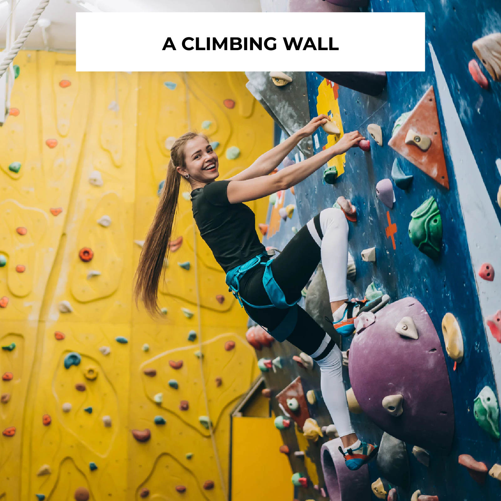 Zdjęcie przedstawia dziewczynę w wieku szkonym wchodzącą na ściankę wspinaczkową. Widoczny jest napis A CLIMBING WALL. 
