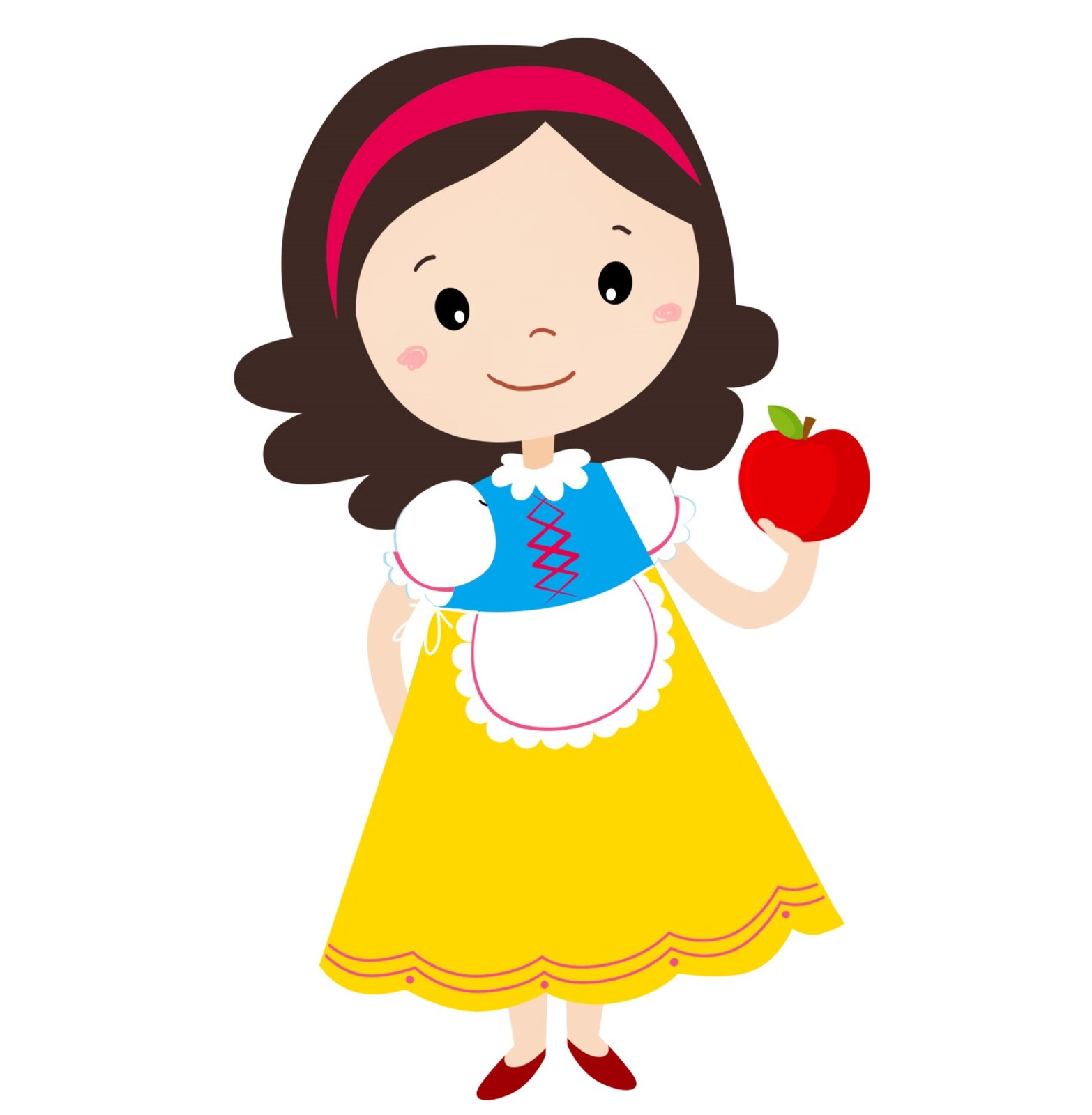 Ilustracja przedstawia dziewczynkę w strojnej sukience. W ręku trzyma jabłko.