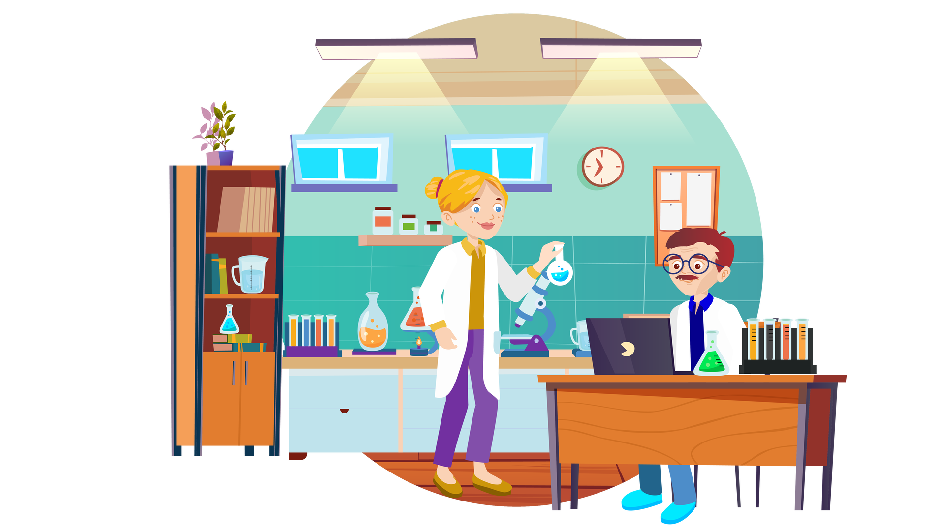 Ilustracja przedstawia laboratorium. W tle widać zieloną ścianę, częściowo wyłożoną ciemnozielonymi płytkami. Wisi na niej jasnobrązowa półka, na której stoją trzy słoiki z brązowymi nakrętkami. Pierwszy ma pomarańczową etykietę, drugi zieloną, a trzeci niebieską. Dalej na prawo wisi również okrągły zegar ze wskazówkami, a także tablica korkowa w brązowej ramie. Do tablicy są przypięte trzy puste białe kartki. Powyżej, nieco pod sufitem, znajdują się dwa małe okna z parapetami. Na suficie są dwie płaskie lampy dające jasnożółte światło. Pod ścianą stoi rząd błękitnych szafek z jasnobrązowym blatem, na którym znajdują się przedmioty związane z pracą w laboratorium. Są tam cztery szklane probówki z płynami w różnych kolorach, pękate szklane naczynie z bulgoczącym pomarańczowym płynem, kolejne szklane naczynie z płynem w kolorze ciemnopomarańczowym, podgrzewane od spodu niewielkim płomieniem, mikroskop, czyli urządzenie służące do oglądania próbek w dużym powiększeniu, a także niewielki szklany dzbanek z wodą. Po lewej stronie stoi wysoki brązowy regał z trzema półkami i zamykaną dolną częścią. Na półkach są książki i dokumenty, a także szklany dzbanek z wodą i szklane naczynie wypełnione niebieskim płynem. Na samej górze regału stoi zielona roślina w fioletowej donicy, rzucająca na ścianę cień. Na pierwszym planie, po prawej stronie, stoi brązowe biurko z otwartym laptopem oraz szklanym naczyniem wypełnionym zielonym płynem i czterema szklanymi probówkami z płynami w różnych kolorach. Przy biurku siedzi na krześle mężczyzna. Ma brązowe włosy i wąsy. Jest ubrany w granatową koszulę z kołnierzykiem, długi biały fartuch, długie niebieskie spodnie i jasnoniebieskie buty. Na nosie ma okulary. Mężczyzna patrzy na ekran laptopa. Na środku pomieszczenia stoi kobieta. Ma blond włosy upięte w kok i jest ubrana w ciemnożółtą koszulę z kołnierzykiem, długi biały fartuch, długie fioletowe spodnie i ciemnożółte buty z brązowymi podeszwami. Patrzy na pękate szklane naczynie z bulgoczącym niebieskim płynem, które trzyma w lewej ręce.