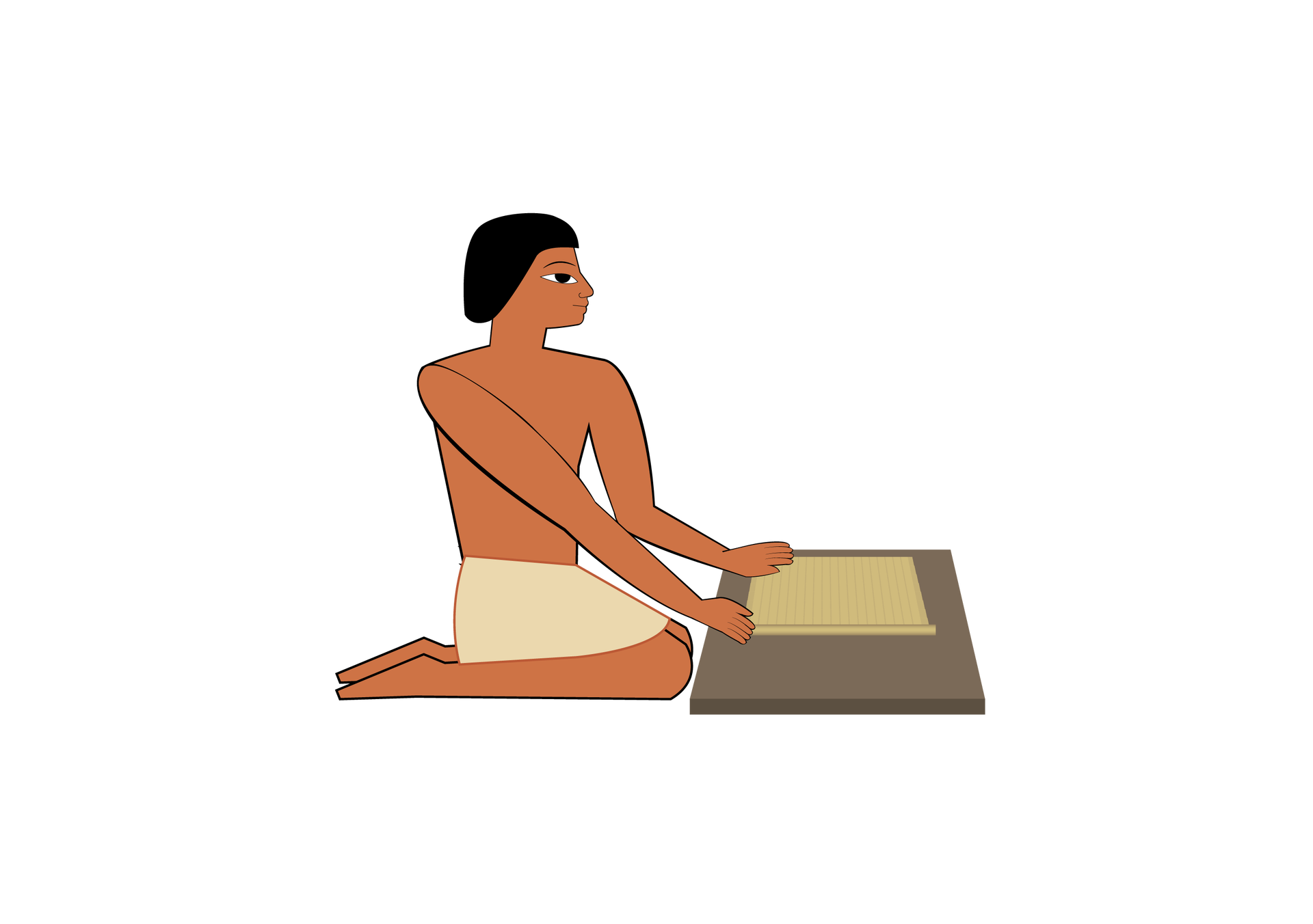 Na ilustracji jest Egipcjanin jest ubrany w szendit, czyli białą, sięgającą kolan, spódnicę, siedzi na kolanach. Zwija wygładzony papirus, który leżał na prostokątnym kawałku drewna. 