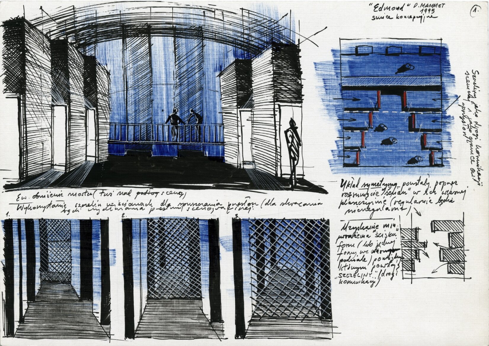 Szkic koncepcyjny do realizacji spektaklu „Egmond” Davida Mameta składa się z sześciu szkiców na białej kartce. Szkic z lewej strony zrobiony jest w kolorystyce czarno‑niebieskiej. Z lewej strony są ściany z trzema drzwiami, a z prawej ściany z dwoma drzwiami. Przed pierwszymi drzwiami z prawej strony stoi postać. Na drugim planie znajdują się dwie postaci, które stoją na moście przy barierkach. Nad nimi jest wiele zaokrąglonych linii, które łączą lewą i prawą część szkicu. Tło jest niebiesko‑czarne. Pod szkicem znajdują się trzy linijki notatek. Drugi szkic jest narysowany w rzucie z góry. Na niebieskim tle stoją cztery osoby, każda w innym rzędzie. Obok szkicu znajdują się trzy linijki notatek. Nad szkicem jest napis "Edmond" D. MAMMET 1995 szkice koncepcyjne oraz cyfra jeden w kółku. Trzeci szkic przedstawia drogę i ściany wzdłuż niej. Na drugim planie znajduje się ukośna kratownica, która przecina drogę. Całość jest na niebieskim tle. Czwarty szkic jest przybliżeniem szkicu trzeciego. Piąty szkic jest jeszcze większym przybliżeniem szkicu trzeciego. Szósty szkic jest w kolorystyce czarnej. Z lewej strony znajduje się cztery prostokąty o różnych długościach i strzałka skierowana ukośnie w dół. Zaś z prawej strony są cztery prostokąty o różnych długościach i dwie strzałki. Górna skierowana po łuku w górę i dolna skierowana po łuku w dół. Zarówno nad, jak i po lewej stronie od szkicu znajdują się notatki.
