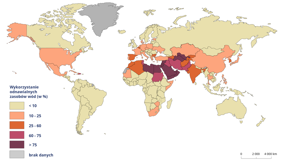 Na mapie świata przedstawiono wykorzystanie odnawialnych zasobów wód w procentach. Wykorzystanie odnawialnych zasobów wód poniżej 10% dotyczy Kanady, krajów Ameryki Łacińskiej, Ameryki Południowej z wyjątkiem Gujany Francuskiej, niemal całej Afryki z wyjątkiem krajów leżących na krańcach północnych i południowych, Islandii, Irlandii, Wielkiej Brytanii, Skandynawii, Litwy, Łotwy, Białorusi, krajów leżących na południe od Polski, czyli między innymi Słowacji, Węgier, Rumunii, Austrii, Szwajcarii, Chorwacji, Bośni i Hercegowiny. Wykorzystanie zasobów wód poniżej 10% dotyczy także Rosji, Mongolii, krajów Półwyspu Indochińskiego z wyjątkiem Tajlandii, Malezji, Indonezji, Australii i Nowej Zelandii. Wykorzystanie odnawialnych zasobów wód w przedziale od 10 do 25% dotyczy między innymi USA, Meksyku, RPA, Zimbabwe, Mauretanii, Somalii; w Europie między innymi Portugalii, Francji, Włoch, Niemiec, Holandii, Danii, Polski, Czech, Ukrainy, Estonii, Grecji, Turcji; w Azji Kazachstanu, Chin, Japonii, Tajlandii, Filipin. Wykorzystanie zasobów pomiędzy 25 a 60% dotyczy Algierii, Maroka, Hiszpanii, Belgii, Bułgarii, Azerbejdżanu, Armenii, Afganistanu, Indii, Kirgistanu, Korei południowej. Wykorzystanie zasobów przedziale od 60 do 75% dotyczy Sudan, Iraku, Iranu, Pakistanu. Wykorzystanie odnawialnych zasobów wód powyżej 75% dotyczy Libii, Egiptu, krajów Półwyspu Arabskiego z wyjątkiem Iraku, a także Turkmenistanu i Uzbekistanu.