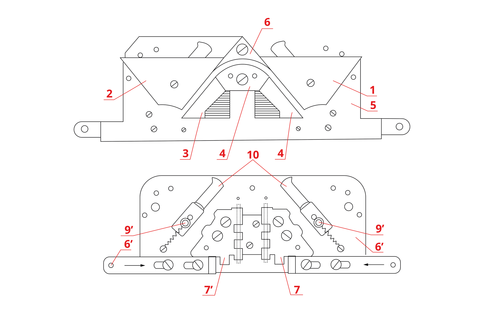 Na grafice widoczne dwa schematy urządzenia. Są w kwadratowym kształcie, pośrodku znajduje się trójkąt, od poszczególnych części odchodzą zaznaczone na czerwono punkty.