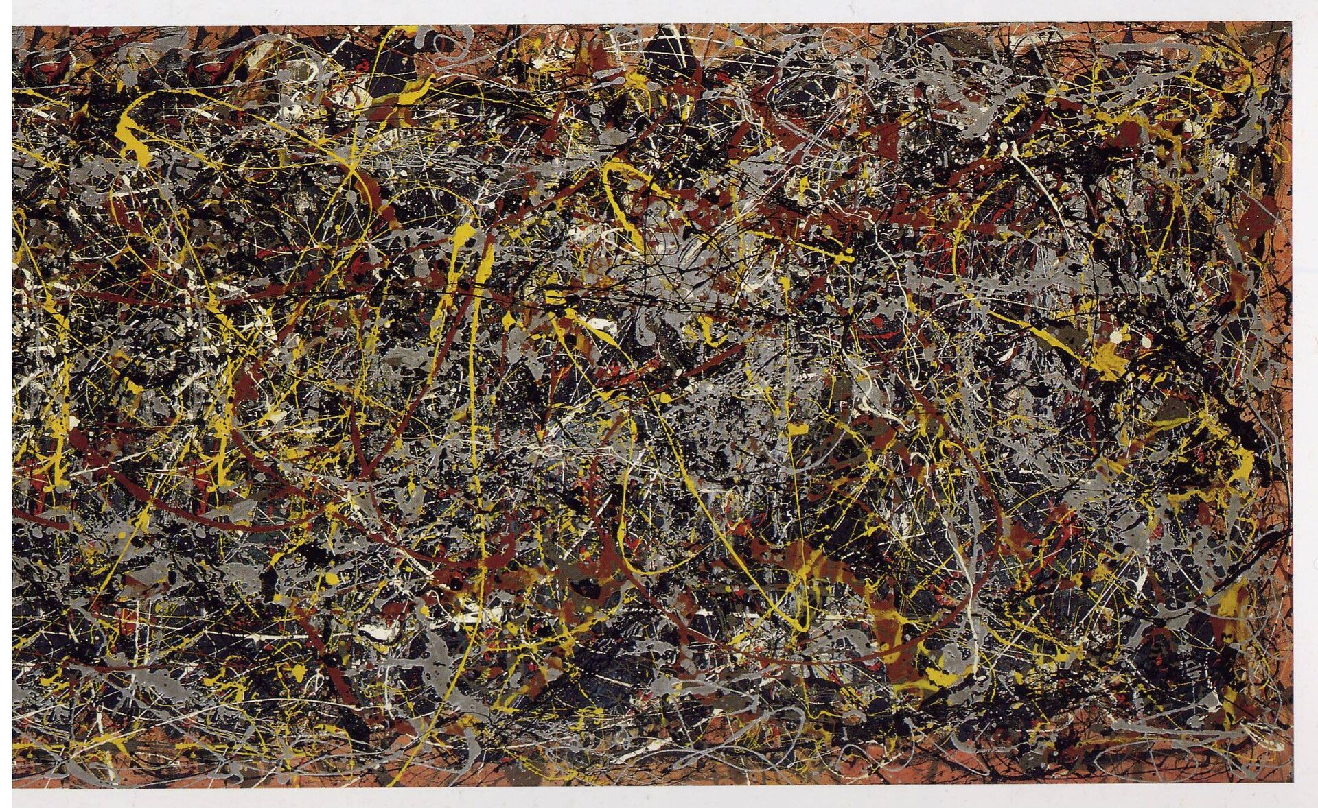 Wielokolorowy obraz wykonany techniką drippingu. Na różowawym tle artysta umieścił warstwy farby, nakładanej cienkimi strużkami. Strużki są chaotycznie porozlewane po całej powierzchni obrazu. Przebija się kolor czerwony, granatowy oraz szarobrązowy. Inne kolory to między innymi żółty, czarny, szary, biały. W niektórych miejscach pojawiły się niewielkie kropki z farby.