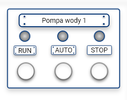 Grafika przedstawia panel obsługi pomp z symulatora. Widoczne są trzy przyciski: włączenia, pracy w trybie automatycznym oraz wyłączenia.