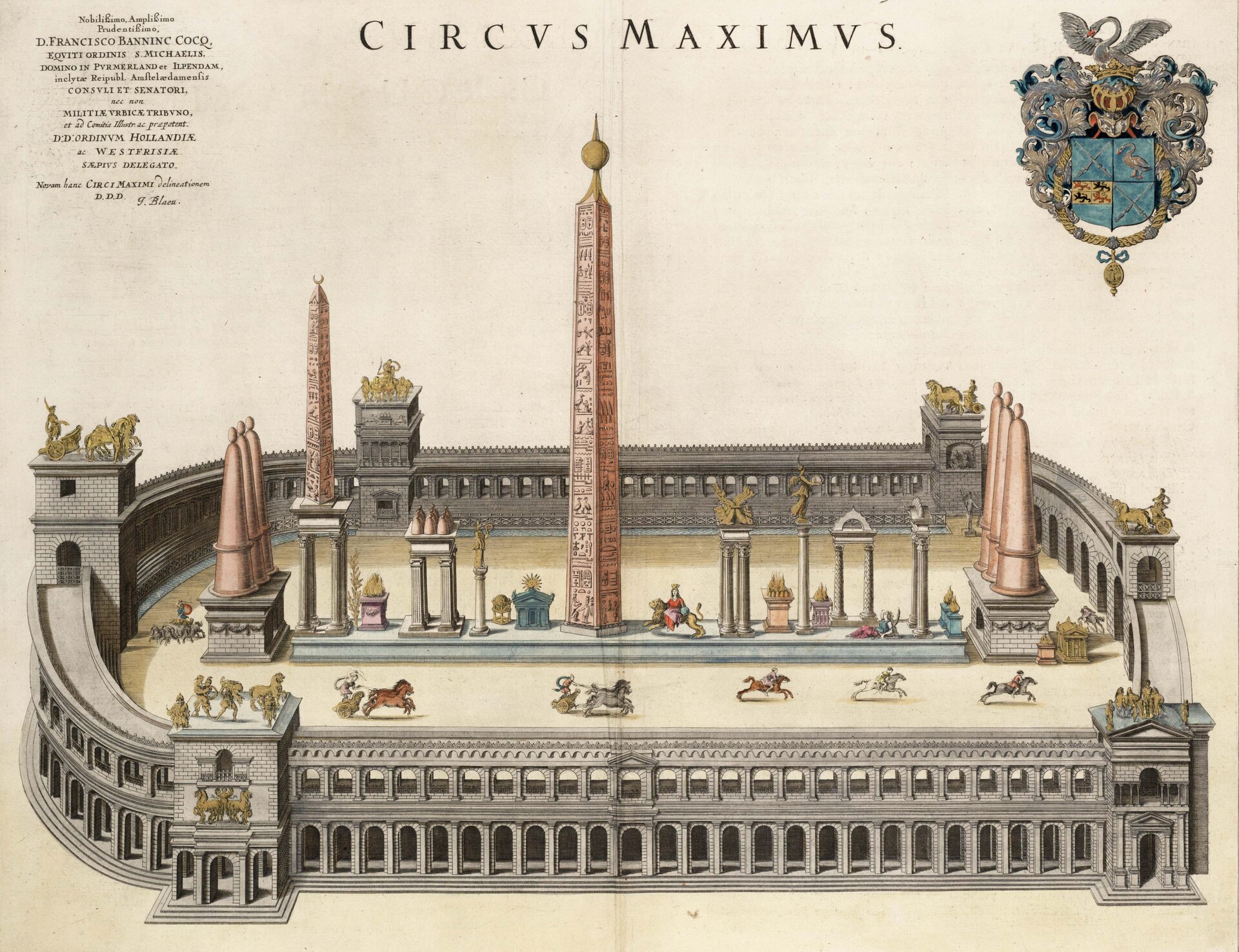 Ilustracja przedstawia wizualizację „Circus Maximus” z okresu 1649 r. Ilustracja przedstawia wyścigi rydwanów na Circus Maximus. Po środku cyrku znajduje się arena. Równolegle do boków areny, wznosi się podmurowanie, które jest ozdobione kilkoma stożkowatymi słupami oraz posągami i obeliskami. Na arenie znajdują się rydwanie, którzy biorą udział w wyścigu. Konstrukcja cyrku zbudowana jest z murowanych łuków, a między nimi znajduje się sześć filarów na których stoją złote posągi. W górnej części fotografii znajduje się napis „CIRCVS MAXIMVS” z jego lewej strony są wypisane czarnym drukiem napisy, a po prawej szaro‑niebieskie godło z gęsią oraz wieloma fikuśnymi ozdobami.