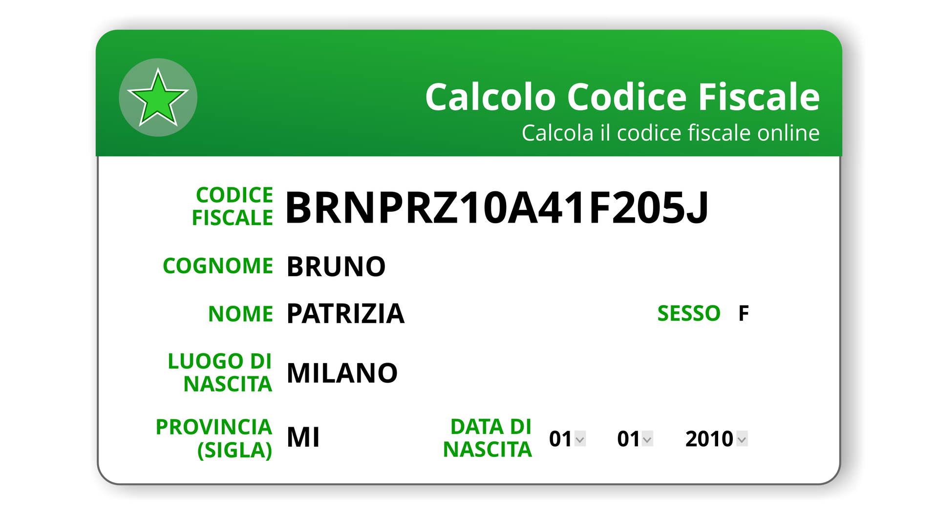 Grafika przedstawia wygenerowany kod fiskalny, na którym znajduje się numer i dane osobowe. Napisy znajdujące się na grafice: Calcolo Codice Fiscale. Calcola il codice fiscale online. Codice fiscale: BRNPRZ10A41F205J, Cognome: Bruno, Nome: Patrizia, Sesso: F, Luogo di nascita: Milan, Provincia (sigla): MI, Data di nascita: 01.01.2010.
