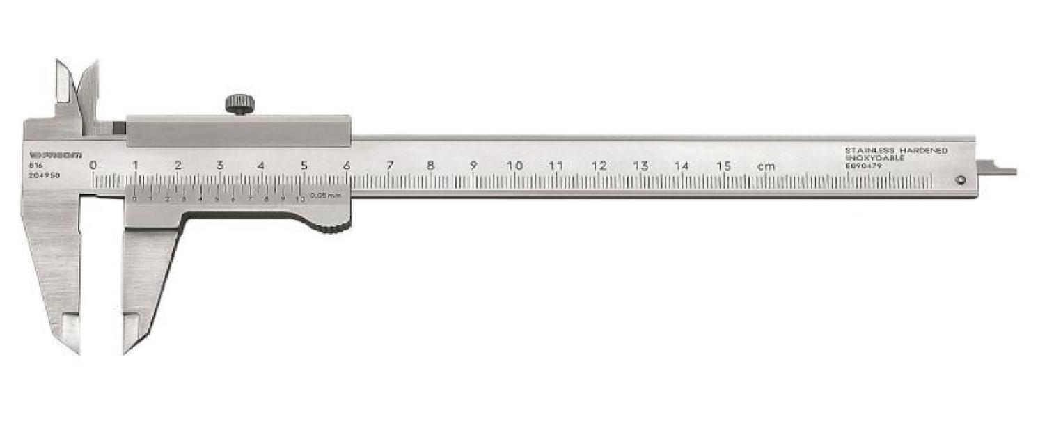 Ilustracja przedstawia prostokątna miarkę, zakończoną z jednej strony szczypcami. Na prostokątnej prowadnicy znajduje się suwak. 