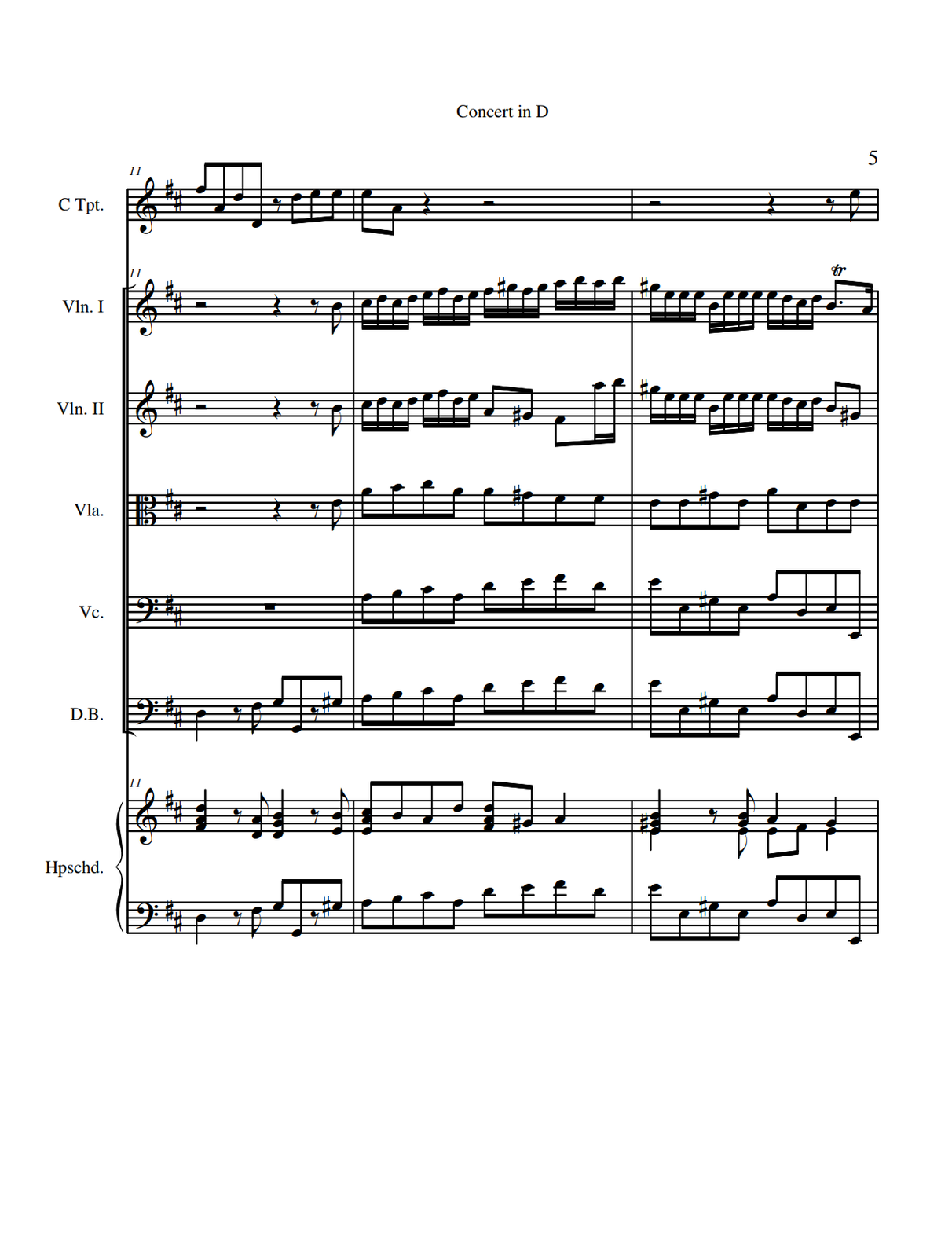 Na stronie piątej w partii trąbki w takcie jedenastym na pierwszą miarę grane są ósemki: fis oraz a, na miarę drugą dwie ósemki d, z czego druga o oktawę niżej od pierwszej, na miarę trzecią zapisano pauzę ósemkową oraz ósemkę d, a na czwartą miarę dwie ósemki e. W dwunastym takcie na pierwszą miarę grane są dwie ósemki: e oraz a, na drugą miarę zapisano pauzę ćwierćnutową, a na miarę trzecią pauzę półnutową. W takcie trzynastym na pierwszą miarę zaznaczono pauzę półnutową, na miarę trzecią pauzę ćwierćnutową, a na miarę czwartą pauzę ósemkową oraz ósemkę e. W partii pierwszych skrzypiec w takcie jedenastym zapisano pauzę półnutową na pierwszą miarę, dalej pauzę ćwierćnutową na miarę trzecią oraz pauzę ósemkową i ósemkę h na miarę czwartą. W takcie dwunastym wszystkie dźwięki to szesnastki; na pierwszą miarę grane są cis, d, cis oraz d, na miarę drugą e, fis, d oraz e, na trzecią miarę fis, gis, fis oraz gis, na miarę czwartą a, h, a oraz ponownie h. W trzynastym takcie na pierwszą miarę wykonywane są szesnastki gis oraz trzy razy e, na miarę drugą szesnastki: h oraz trzy razy e, na trzecią miarę szesnastki e, d, cis oraz d, natomiast na miarę czwartą ósemka z kropką h z trylem oraz szesnastka a. W partii drugich skrzypiec w takcie jedenastym zapisano pauzę półnutową na pierwszą miarę, dalej pauzę ćwierćnutową na miarę trzecią oraz pauzę ósemkową i ósemkę h na miarę czwartą. W takcie dwunastym na pierwszą miarę grane są szesnastki cis, d, cis oraz d, na miarę drugą szesnastki e, fis, d oraz e, na trzecią miarę ósemki a oraz gis, a na miarę czwartą ósemka fis oraz dwie szesnastki: a i h, przy czym obie szesnastki o ponad oktawę wyżej od ósemki. W trzynastym takcie na pierwszą miarę wykonywane są szesnastki gis oraz trzy razy e, na miarę drugą szesnastki: h oraz trzy razy e, na trzecią miarę szesnastki e, d, cis oraz d, natomiast na miarę czwartą ósemki h oraz gis. W partii altówki w takcie jedenastym zapisano pauzę półnutową na pierwszą miarę, dalej pauzę ćwierćnutową na miarę trzecią oraz pauzę ósemkową i ósemkę e na miarę czwartą. W takcie dwunastym na pierwszą miarę grane są ósemki a oraz h, na miarę drugą ósemki c oraz a, na trzecią miarę ósemki a oraz gis, na czwartą miarę dwie ósemki fis. W trzynastym takcie na pierwszą miarę zapisano dwie ósemki e, na drugą miarę ósemki gis oraz e, na trzecią miarę ósemki a oraz d, a na czwartą miarę dwie ósemki e. W partii wiolonczeli w jedenastym takcie zapisano pauzę całonutową. W takcie dwunastym na pierwszą miarę grane są ósemki a oraz h, na miarę drugą ósemki cis oraz a, na trzecią miarę ósemki d oraz e, na miarę czwartą ósemki fis oraz d. W trzynastym takcie na pierwszą miarę grane są dwie ósemki e, przy czym drugą oktawę niżej od pierwszej, na drugą miarę ósemki gis oraz e, na trzecią miarę ósemki a oraz d, na miarę czwartą dwie ósemki e, przy czym drugą oktawę niżej od pierwszej. W partii kontrabasu w jedenastym takcie zapisano na pierwszą miarę ćwierćnutę d, na miarę drugą pauzę ósemkową oraz ósemkę fis, na trzecią miarę dwie ósemki g, przy czym drugą oktawę niżej od pierwszej, a na miarę czwartą pauzę ósemkową oraz ósemkę gis. W takcie dwunastym na pierwszą miarę grane są ósemki a oraz h, na miarę drugą ósemki cis oraz a, na trzecią miarę ósemki d oraz e, na miarę czwartą ósemki fis oraz d. W trzynastym takcie na pierwszą miarę grane są dwie ósemki e, przy czym druga oktawę niżej od pierwszej, na drugą miarę ósemki gis oraz e, na trzecią miarę ósemki a oraz d, na miarę czwartą dwie ósemki e, przy czym druga oktawę niżej od pierwszej. W partii klawesynu w kluczu wiolinowym na pierwszą miarę zapisano ćwierćnutę‑trójdźwięk D‑dur w pierwszym przewrocie, złożony z dźwięków fis, a oraz d, na miarę drugą pauzę ósemkową oraz ósemkę‑dwudźwięk, złożoną z nut d oraz a, na trzecią miarę ćwierćnutę‑trójdźwięk G‑dur w drugim przewrocie, złożony z dźwięków d, g oraz h, a na miarę czwartą pauzę ósemkową oraz ósemkę‑dwudźwięk, złożoną z nut e oraz h. W dwunastym takcie na pierwszą miarę zapisano ósemkę‑trójdźwięk A‑dur w drugim przewrocie, złożony z nut e, a oraz cis, a następnie ósemkę h. Na drugą miarę grane są ósemki a oraz d, na miarę trzecią ósemka‑trójdźwięk D‑dur w pierwszym przewrocie, złożona z dźwięków fis, a oraz d, a następnie ósemka gis, a na miarę czwartą ćwierćnuta a. W takcie trzynastym na pierwszą miarę zapisano ćwierćnutę‑trójdźwięk E‑dur w postaci zasadniczej, złożoną z dźwięków e, gis oraz h. Na drugą miarę zapisano pauzę ósemkową oraz ósemkę‑trójdźwięk E‑dur (ponownie dźwięki e, gis oraz h), na miarę trzecią w wyższym głosie ćwierćnutę a, natomiast w niższym ósemki e oraz fis, a na czwartą miarę ćwierćnutę‑dwudźwięk, złożoną z dźwięków e oraz gis. W partii klawesynu w kluczu basowym w jedenastym takcie zapisano na pierwszą miarę ćwierćnutę d, na miarę drugą pauzę ósemkową oraz ósemkę fis, na trzecią miarę dwie ósemki g, przy czym drugą oktawę niżej od pierwszej, a na miarę czwartą pauzę ósemkową oraz ósemkę gis. W takcie dwunastym na pierwszą miarę grane są ósemki a oraz h, na miarę drugą ósemki cis oraz a, na trzecią miarę ósemki d oraz e, na miarę czwartą ósemki fis oraz d. W trzynastym takcie na pierwszą miarę grane są dwie ósemki e, przy czym druga oktawę niżej od pierwszej, na drugą miarę ósemki gis oraz e, na trzecią miarę ósemki a oraz d, na miarę czwartą dwie ósemki e, przy czym druga oktawę niżej od pierwszej.