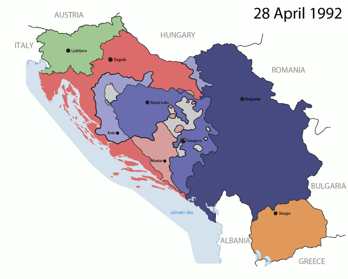  28 kwietnia 1992 roku pozostały teren Jugosławii na wschodzie rozpadł się ostatecznie i powstał duży obszar z miastem Belgrad.
