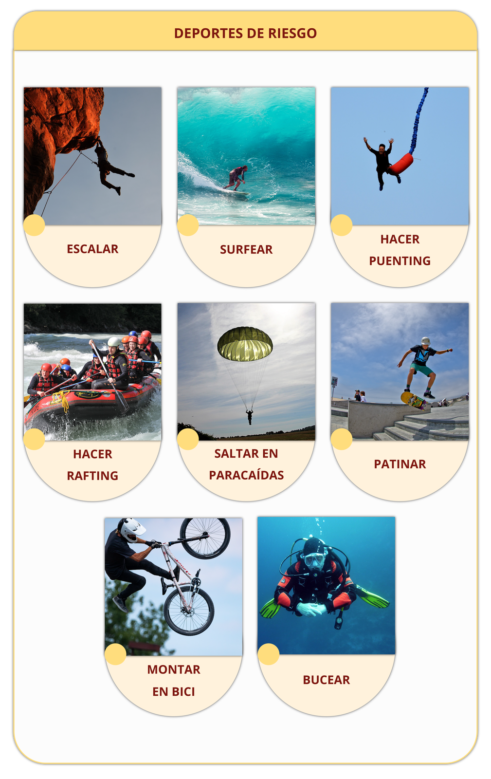 Tytuł grafiki: deportes de riesgo. Poniżej zdjęcia z podpisami: wspinaczka - escalar, surfing - surfear, skok na linie - hacer puenting, spływ pontonem - hacer rafting, skok ze spadochronem - saltar en paracaídas, jazda na deskorolce - patinar, jazda na rowerze - montar en bici, nurkowanie - bucear.
